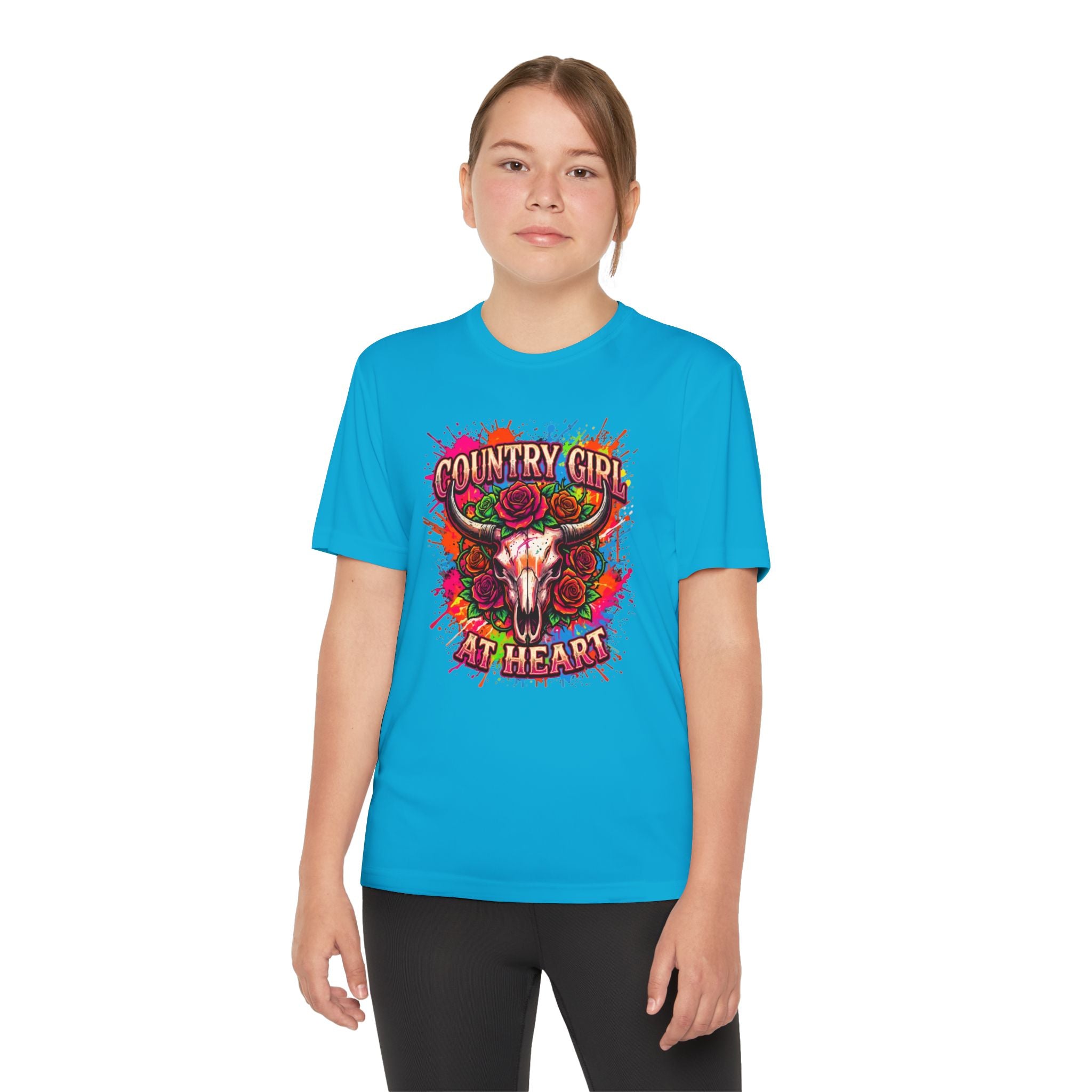 Youth T-Shirt — "Country Girl at Heart" Floral Bull Skull Graphic