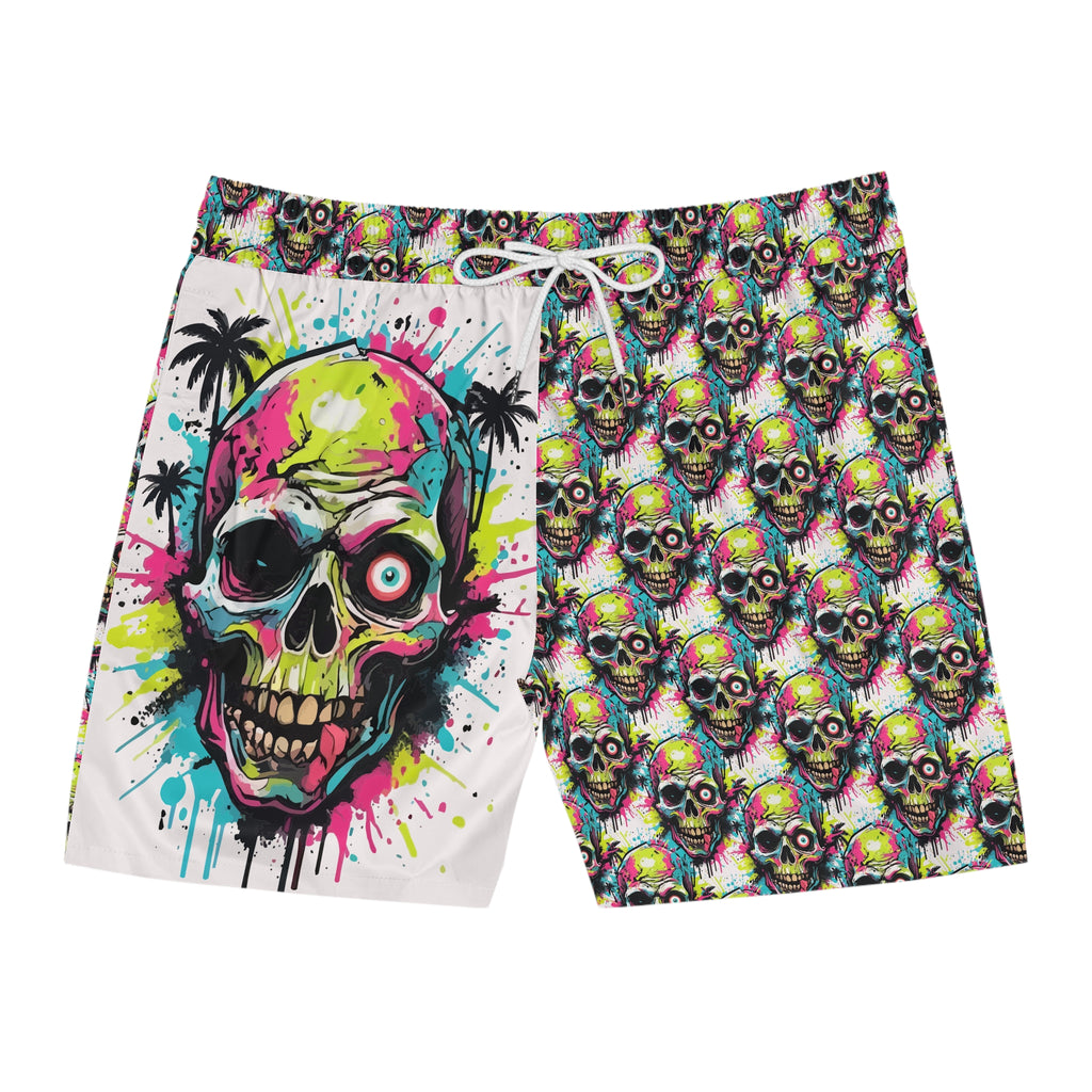 Neon Skull Swim Shorts — Men's Vibrant Skull Pattern Mid-Length Boardshorts