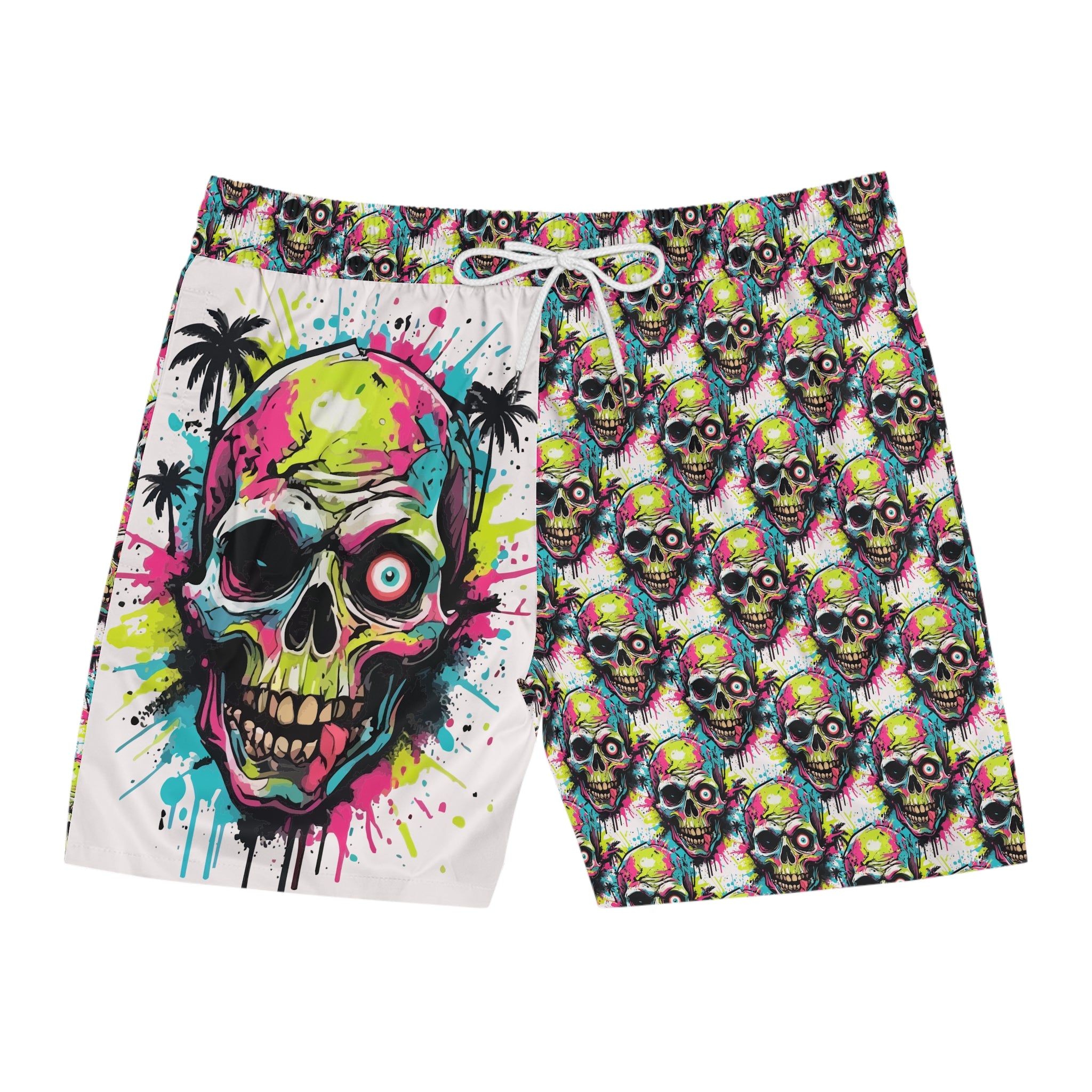 Neon Skull Swim Shorts — Men's Vibrant Skull Pattern Mid-Length Boardshorts