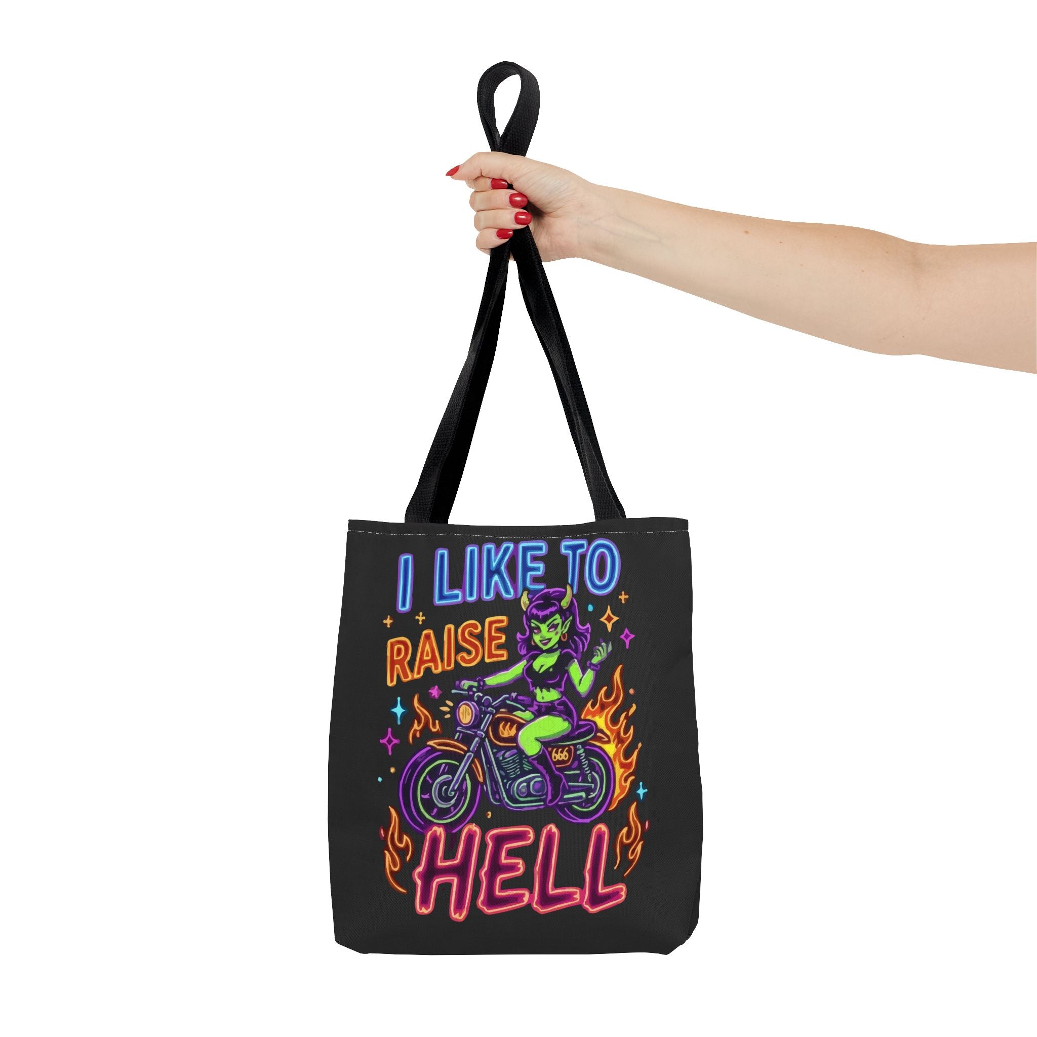 I Like to Raise Hell Motorcycle Tote Bag — Neon Biker Cat Graphic