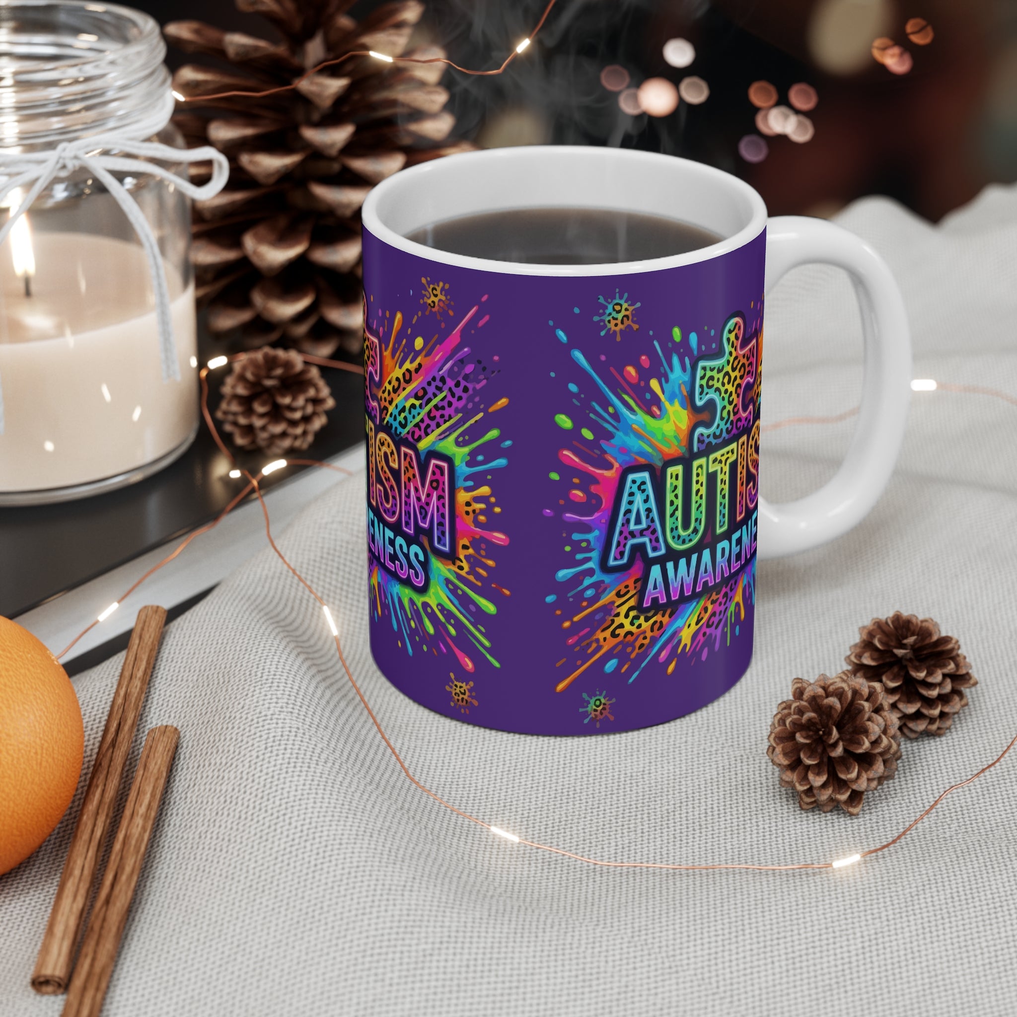 Autism Awareness 11oz Mug — Colorful Puzzle Splash Design