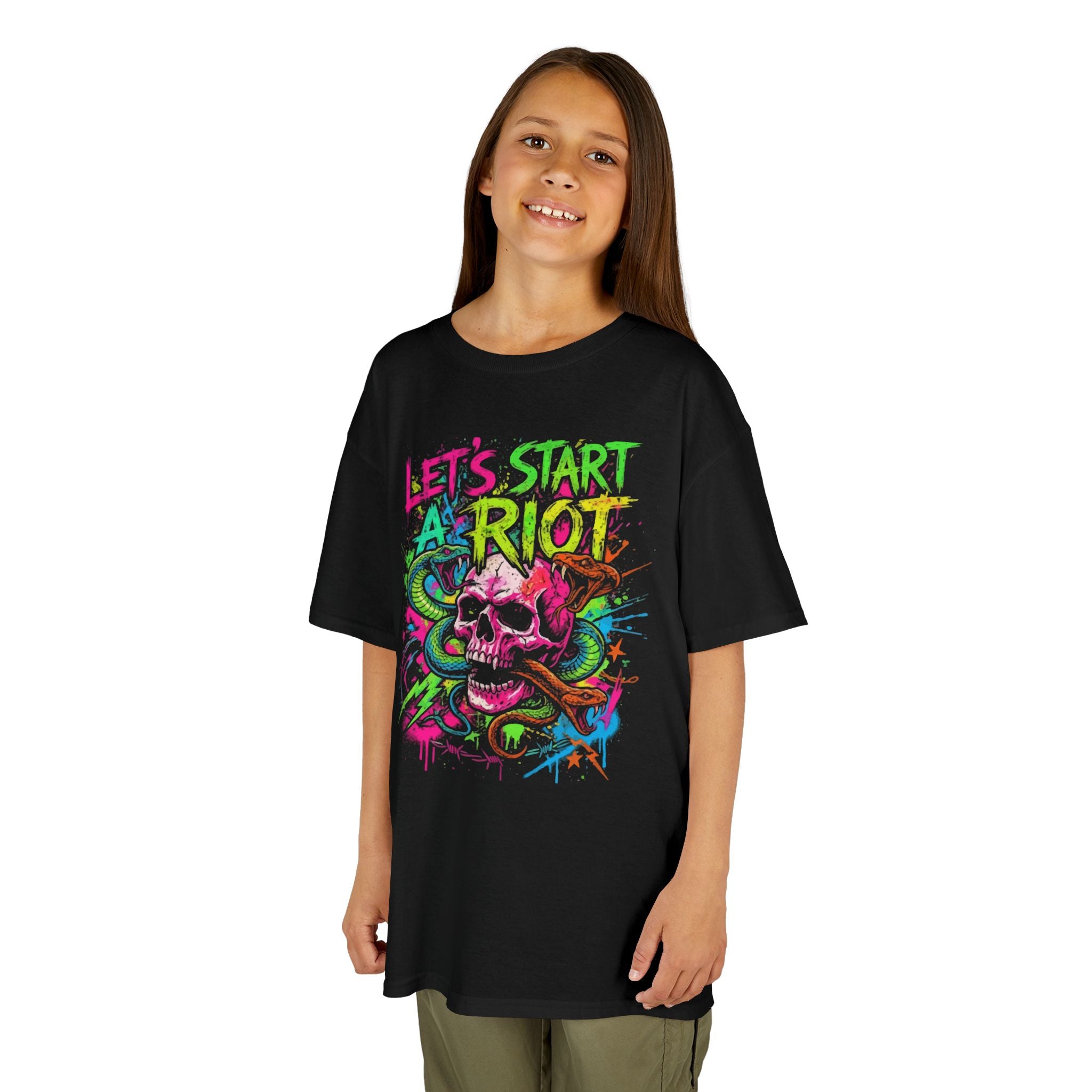 Kids T-Shirt — "Let's Start a Riot" Neon Skull Graphic Tee