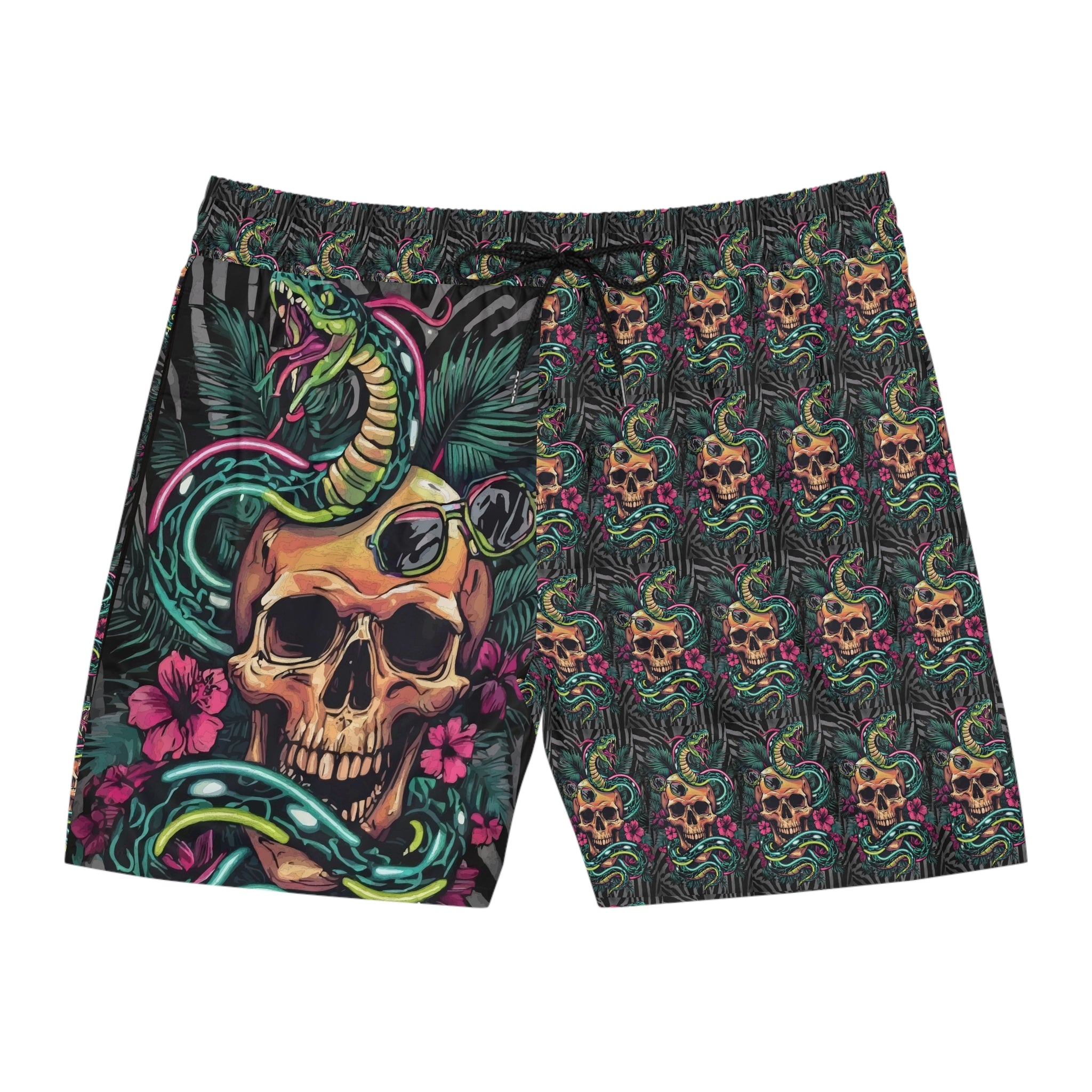 Skull & Snake Tropical Swim Shorts — Men's Mid-Length Beach Trunks