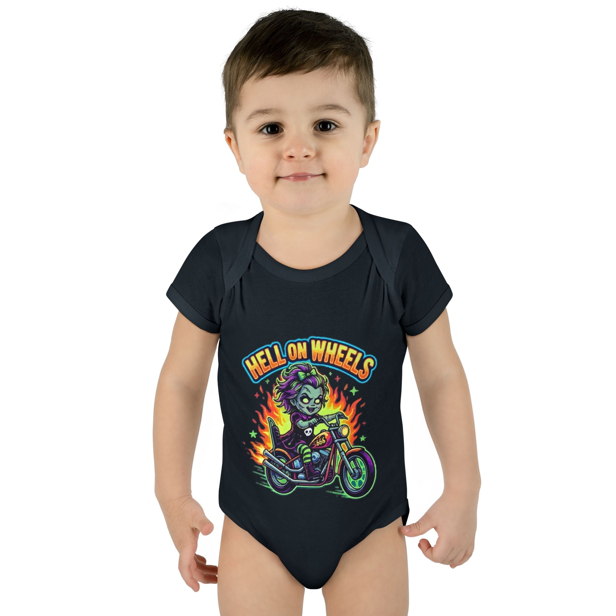 Infant Bodysuit — "Hell on Wheels" Baby Motorcycle Graphic Onesie