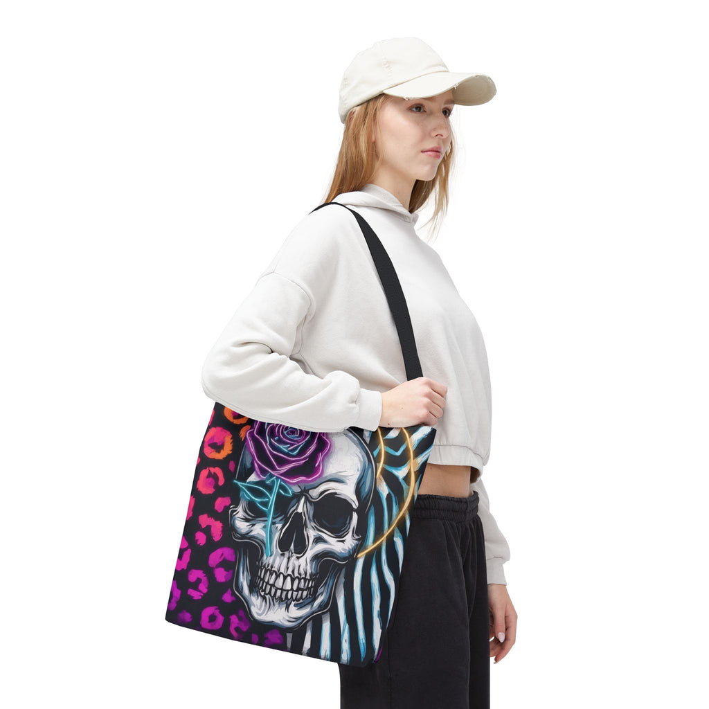 Skull & Rose Pattern Tote Bag — Neon Animal Print All-Over Tote