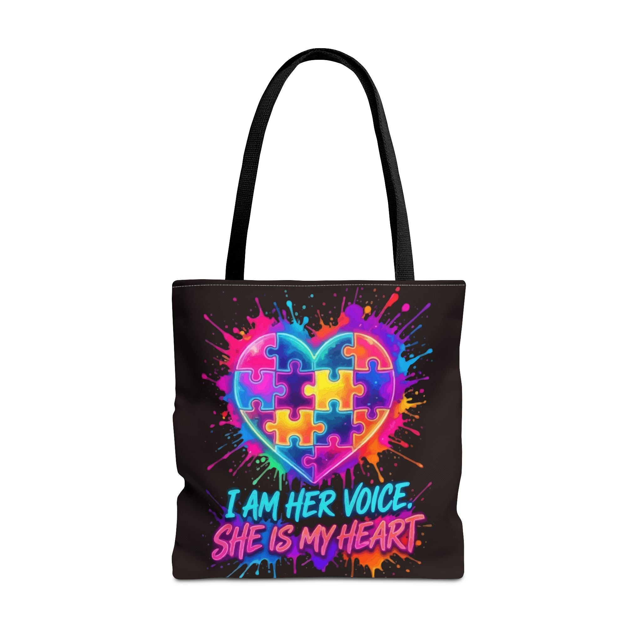 Autism Awareness Heart Tote Bag — "I Am Her Voice, She Is My Heart" Colorful Puzzle Design