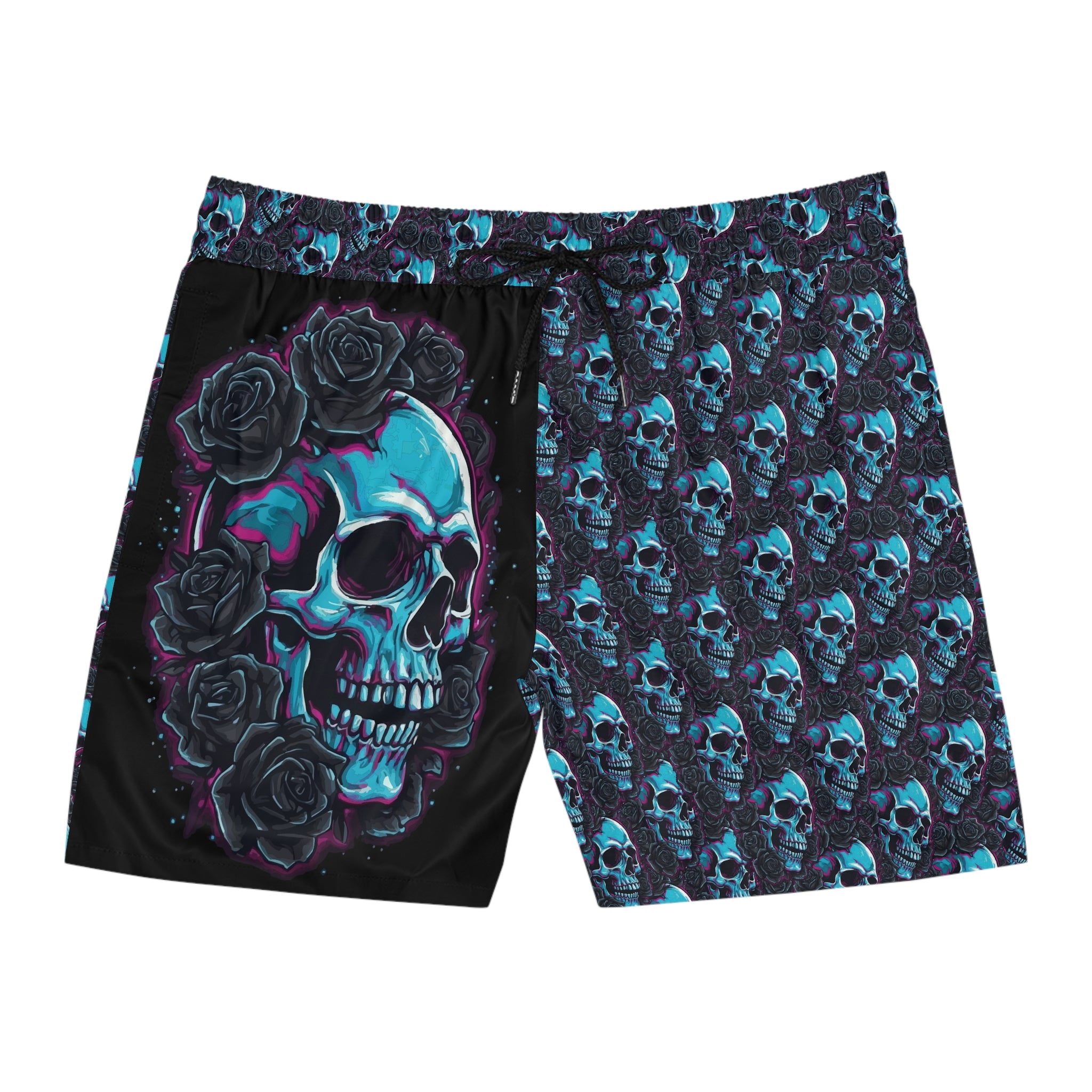 Men's Skull Rose Swim Shorts — Blue Neon Skull All-Over Print Mid-Length Trunks