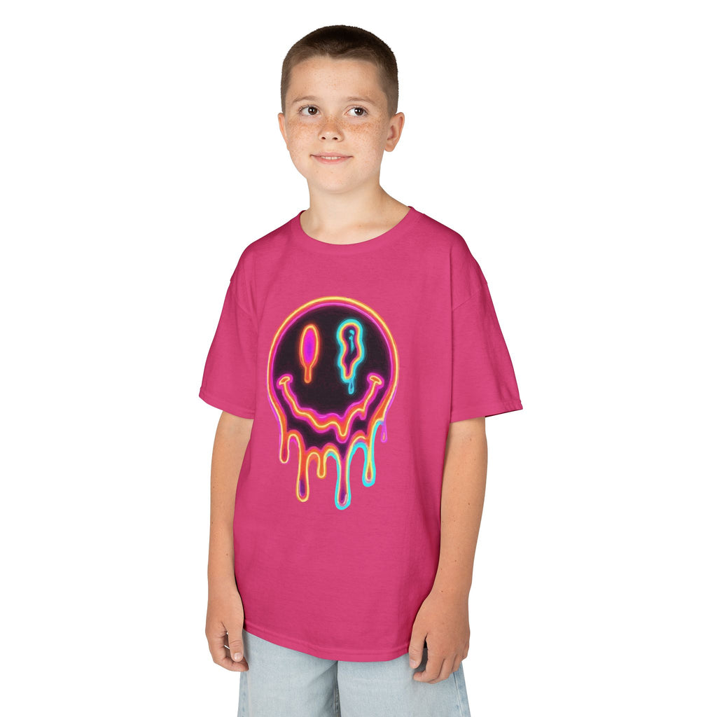 Kids Neon Drip Smiley T-Shirt — Colorful Melting Emoji Tee for Boys & Girls