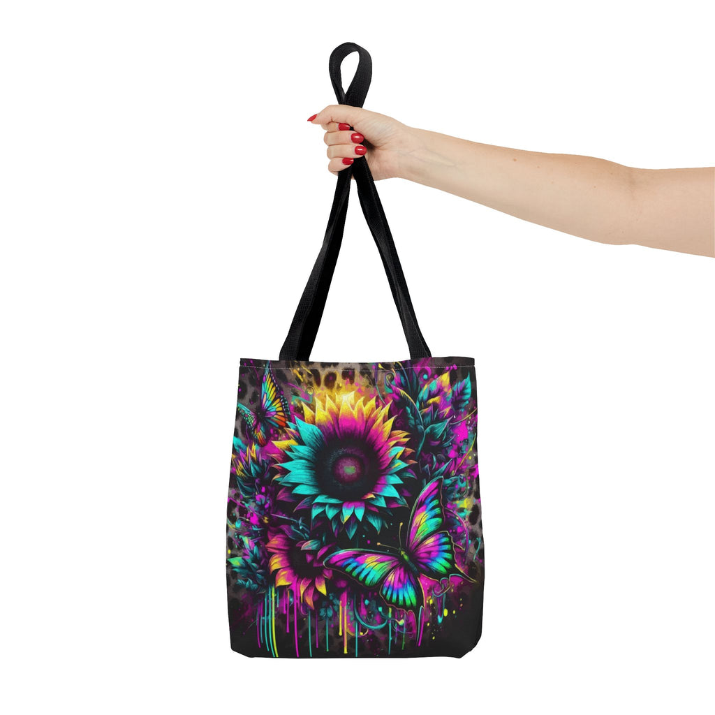 Sunflower & Butterfly Neon Tote Bag — Colorful Floral All-Over Print Tote