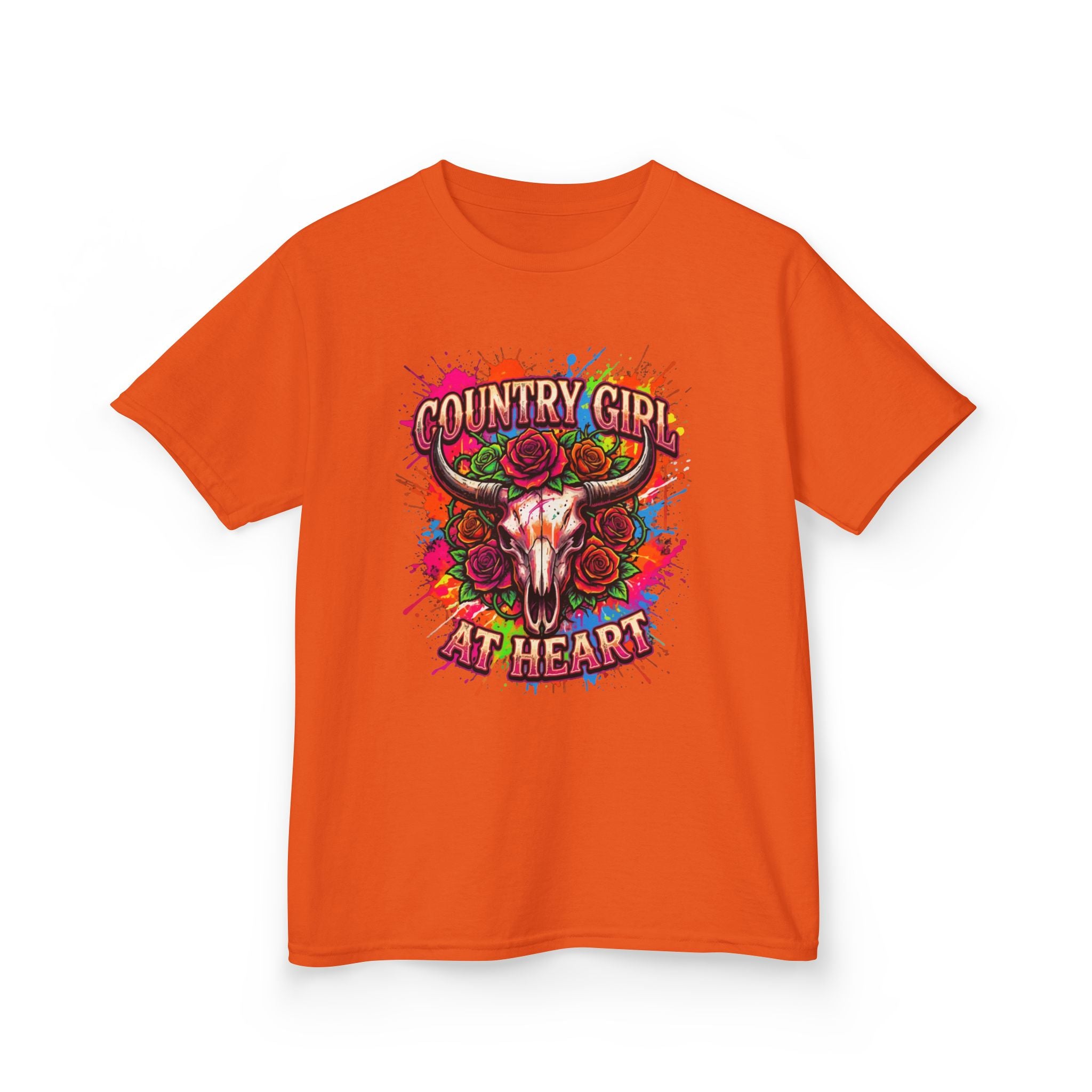 Kids T-Shirt — "Country Girl at Heart" Colorful Cow Skull Tee