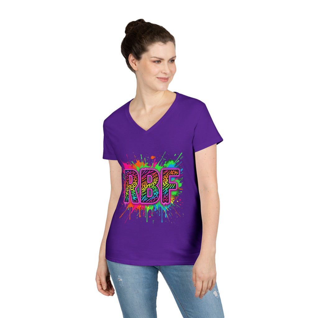 RBF Neon Splash V-Neck Tee — Bold Rainbow Graphic for Women