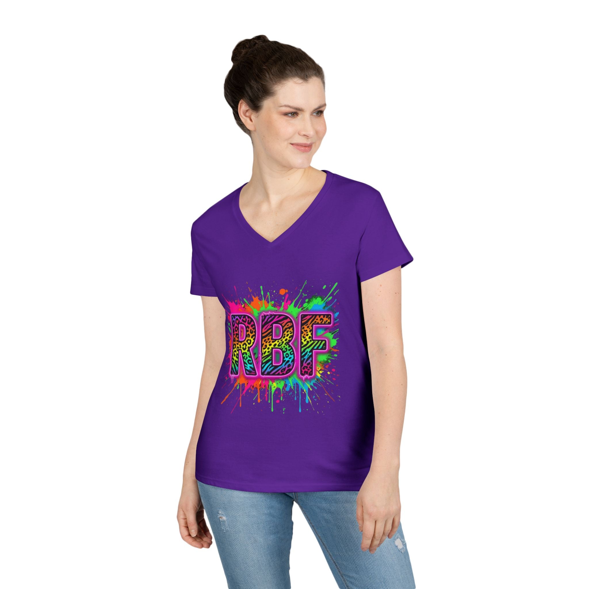 RBF Neon Splash V-Neck Tee — Bold Rainbow Graphic for Women