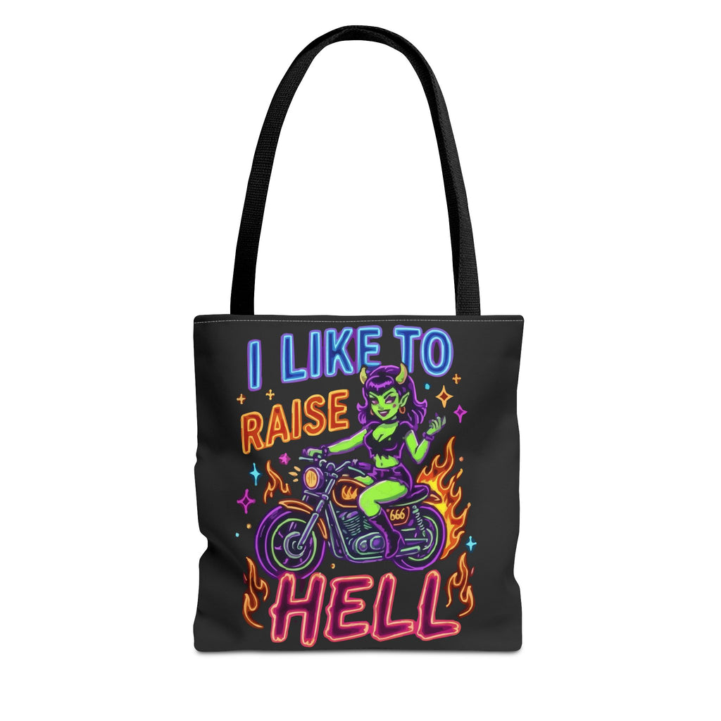 I Like to Raise Hell Motorcycle Tote Bag — Neon Biker Cat Graphic
