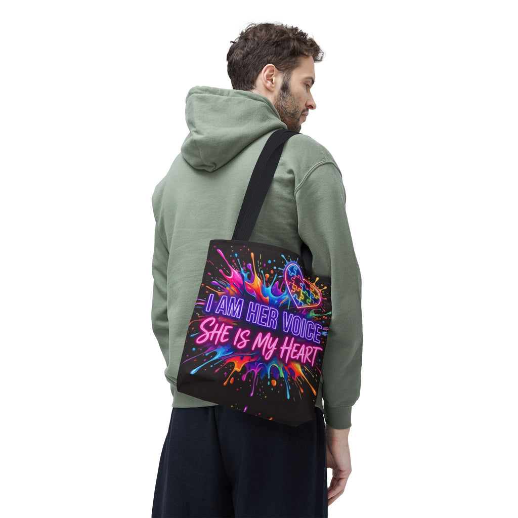 Autism Awareness Tote Bag - "I Am Her Voice, She Is My Heart" Colorful Puzzle Heart Carryall
