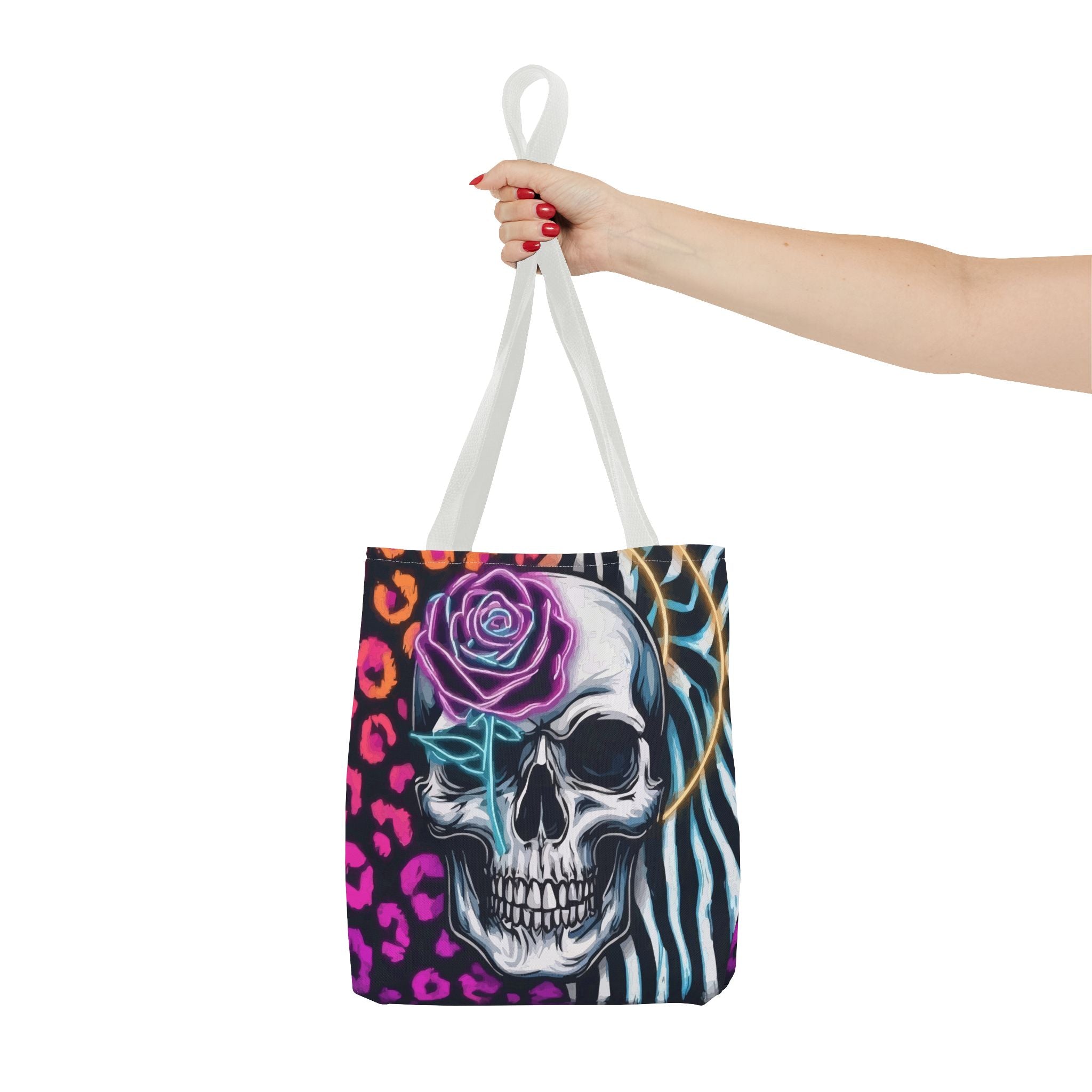 Skull & Rose Pattern Tote Bag — Neon Animal Print All-Over Tote