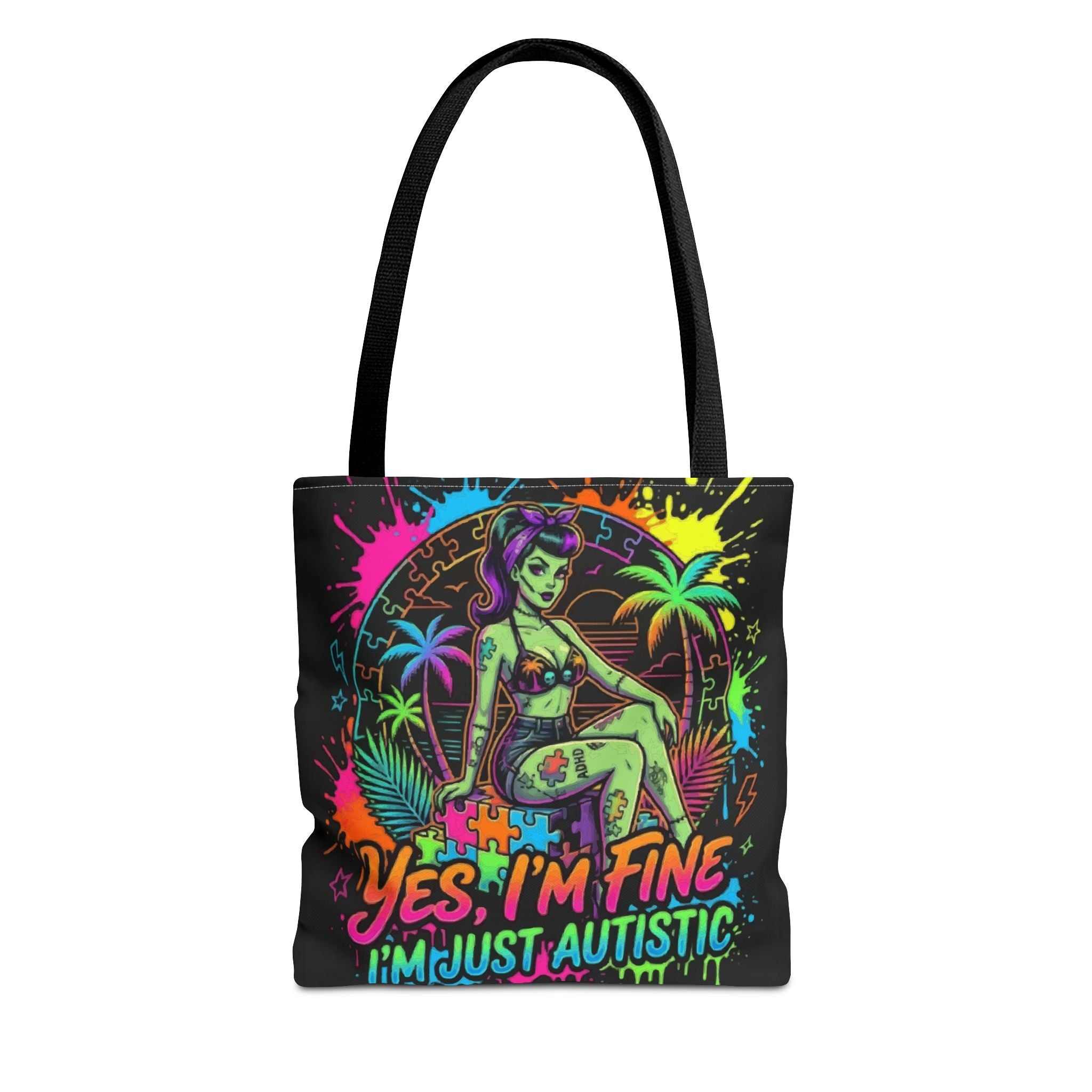 Autistic Pride Tote Bag — “Yes, I’m Fine, I’m Just Autistic” Neon Pinup Tote