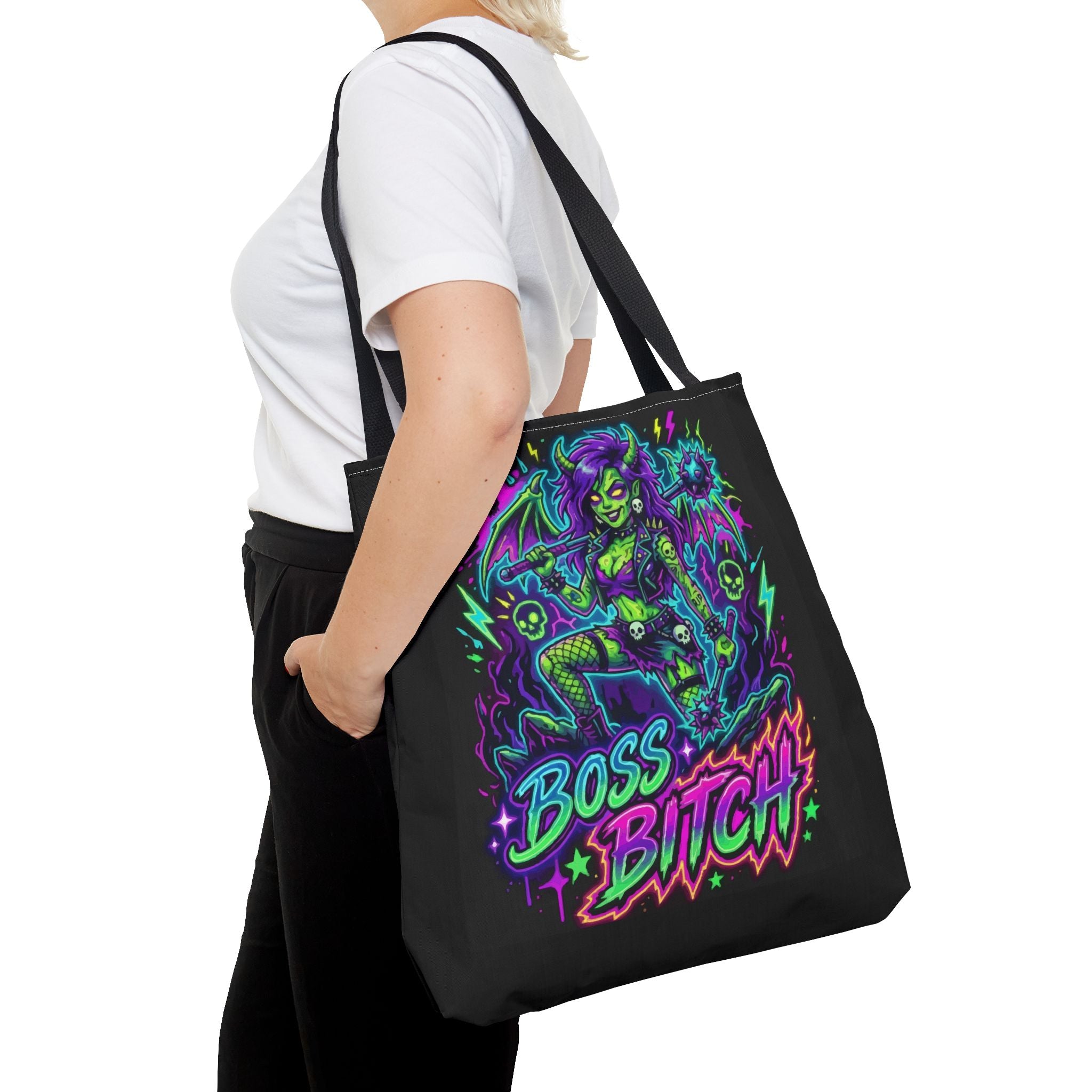 Tote — Neon Gothic 'Boss Bitch' Demoness Graphic Tote Bag