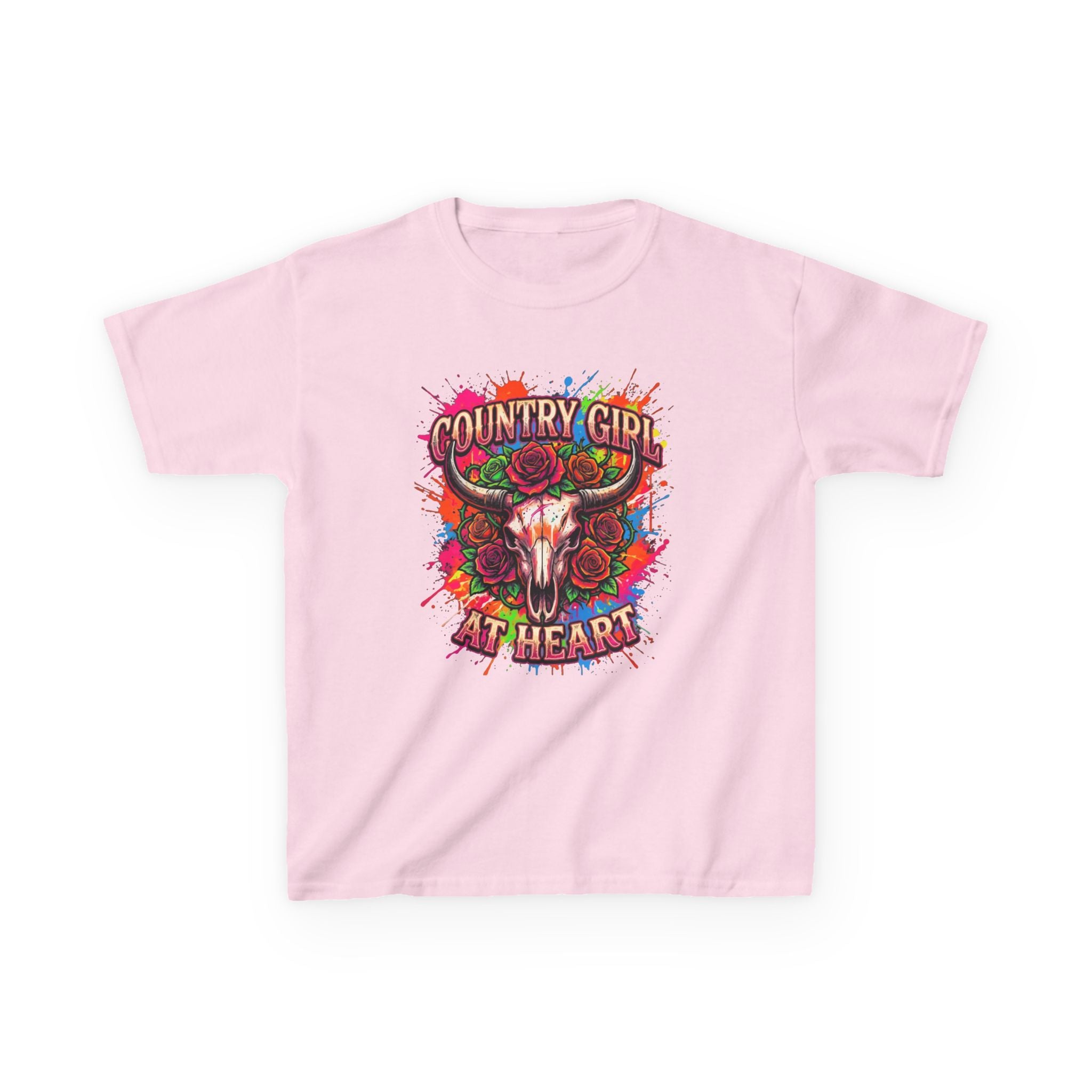 Kids T-Shirt — "Country Girl at Heart" Colorful Cow Skull Tee
