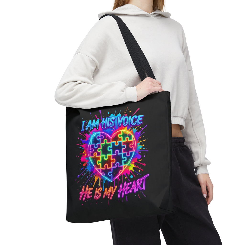Autism Awareness Tote Bag — "I Am His Voice, He Is My Heart" Colorful Puzzle Heart