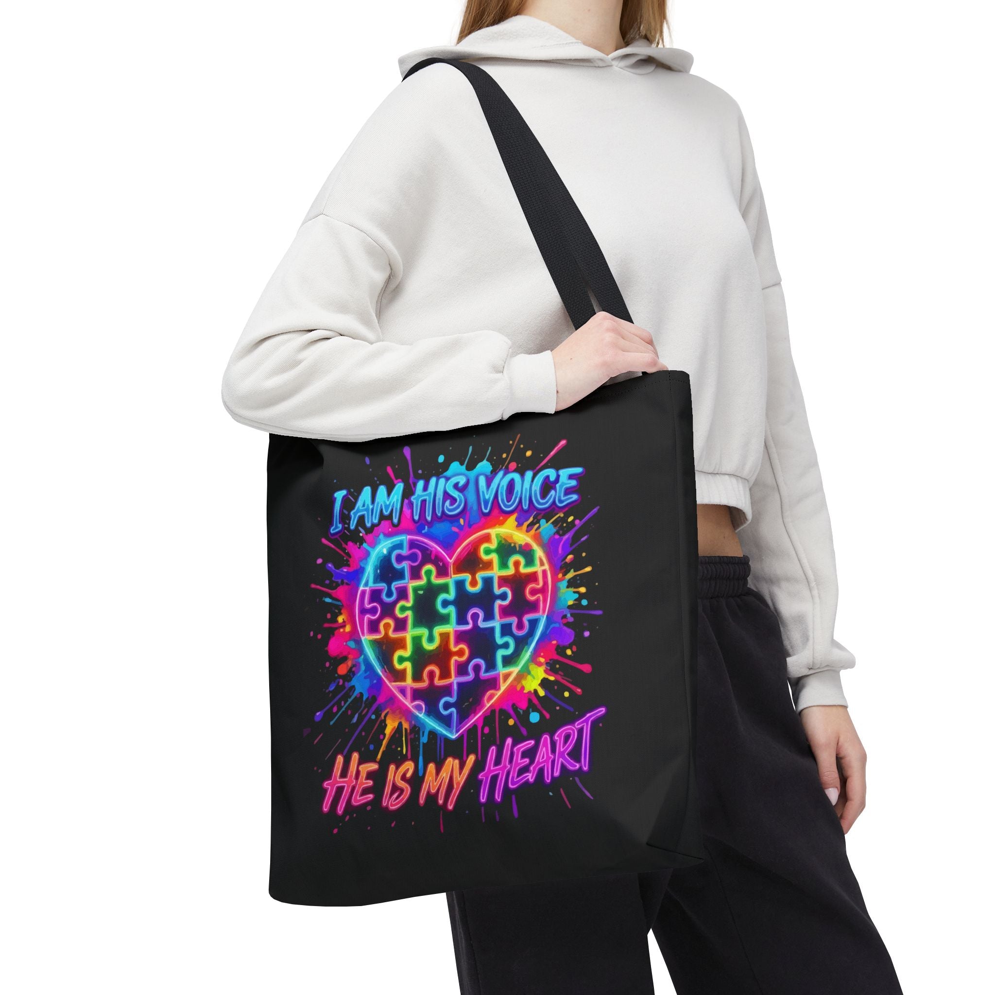 Autism Awareness Tote Bag — "I Am His Voice, He Is My Heart" Colorful Puzzle Heart