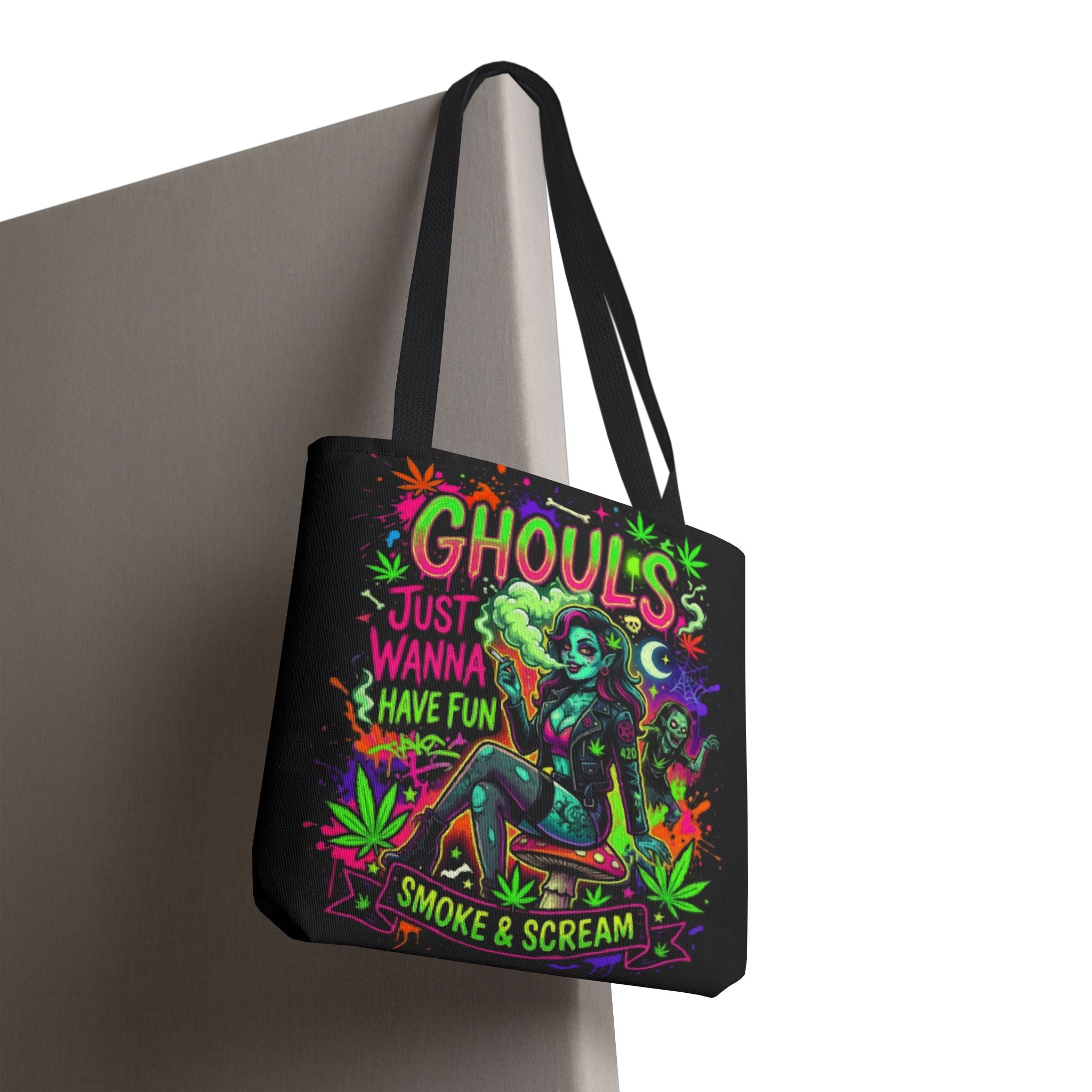 Ghoul's Just Wanna Have Fun Neon Halloween Tote Bag – Spooky Retro Cannabis Art