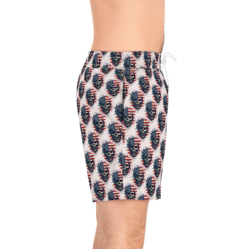 American Flag Skull Swim Shorts — Patriotic Gothic Men's Mid-Length Boardshorts
