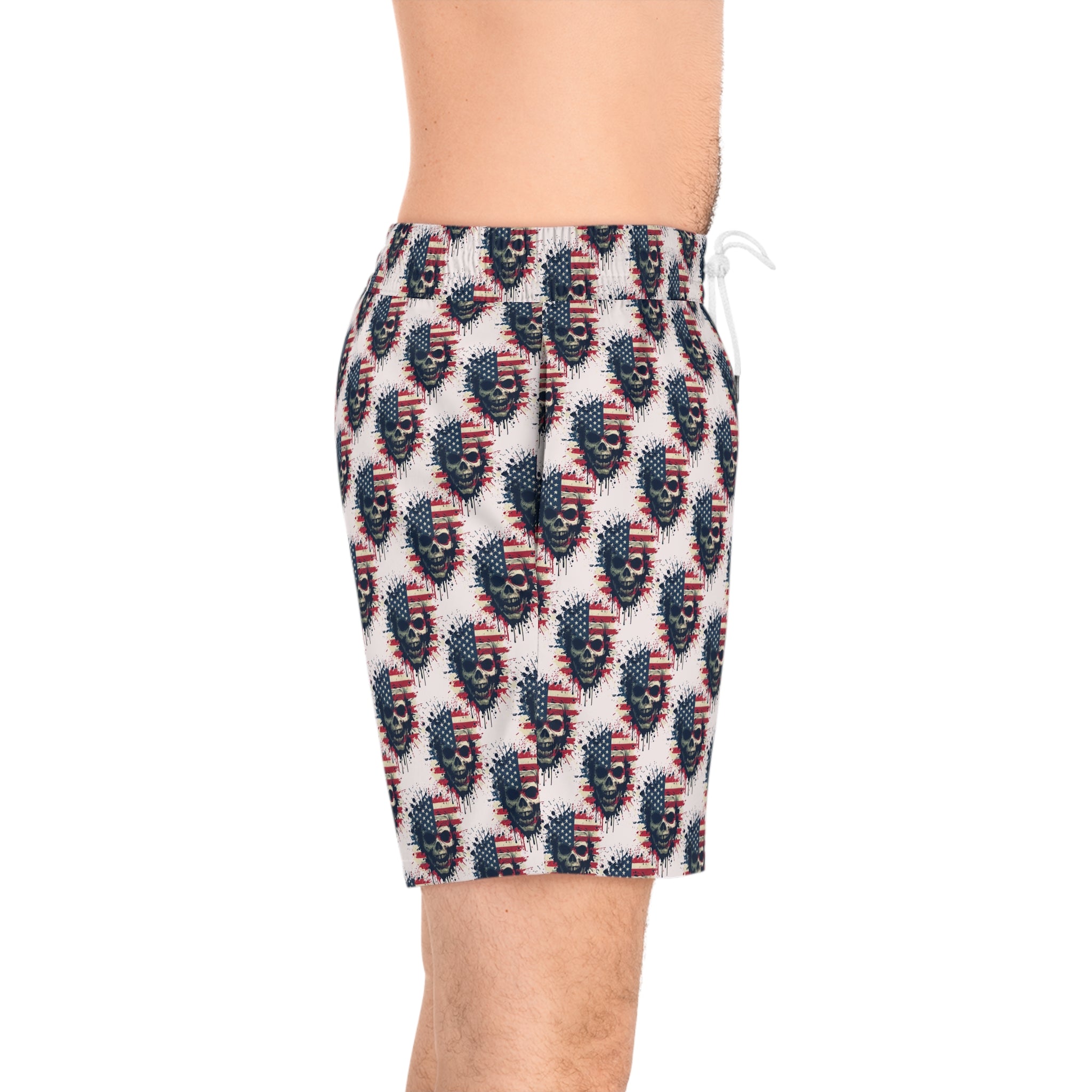 American Flag Skull Swim Shorts — Patriotic Gothic Men's Mid-Length Boardshorts