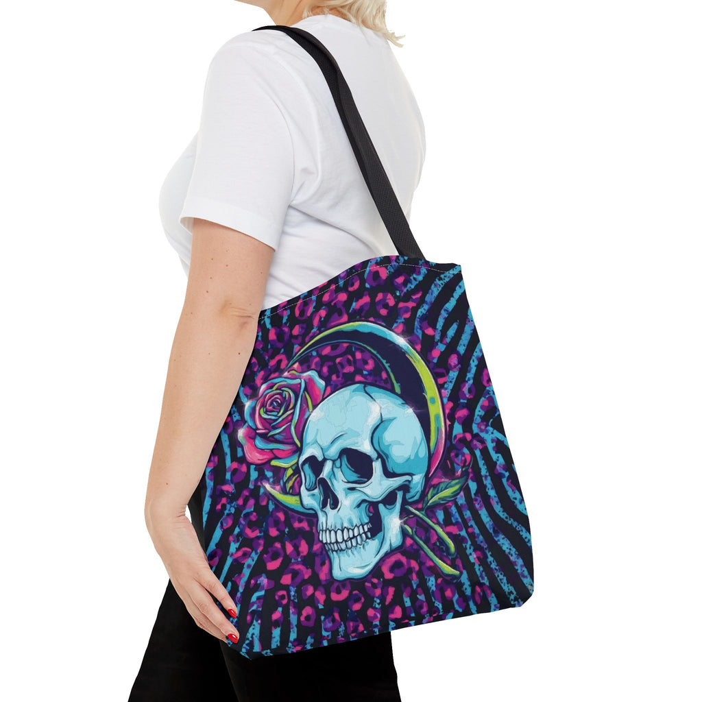Skull & Rose Tote Bag — Neon Gothic Crescent Moon AOP Tote