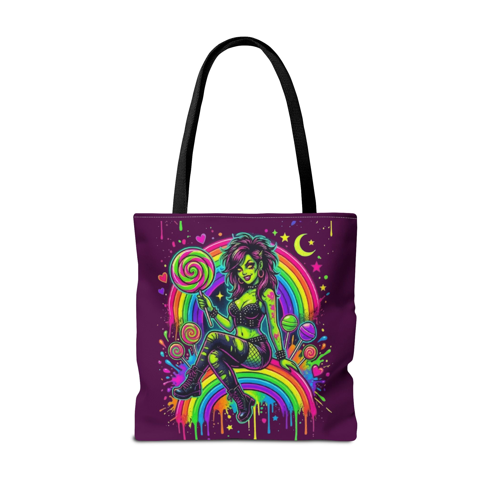 Neon Pinup Witch Rainbow Tote Bag — Candy Goth All-Over Print