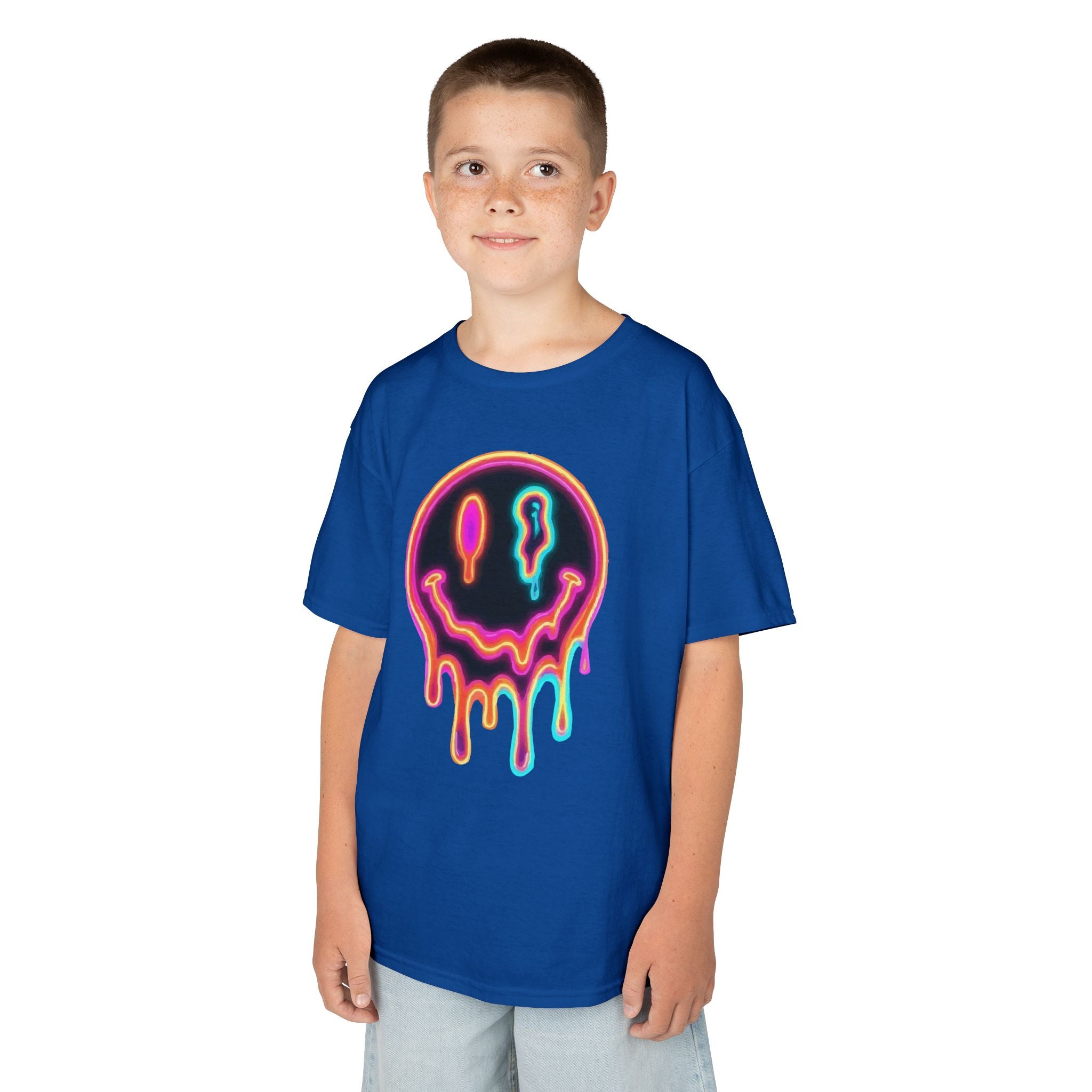 Kids Neon Drip Smiley T-Shirt — Colorful Melting Emoji Tee for Boys & Girls