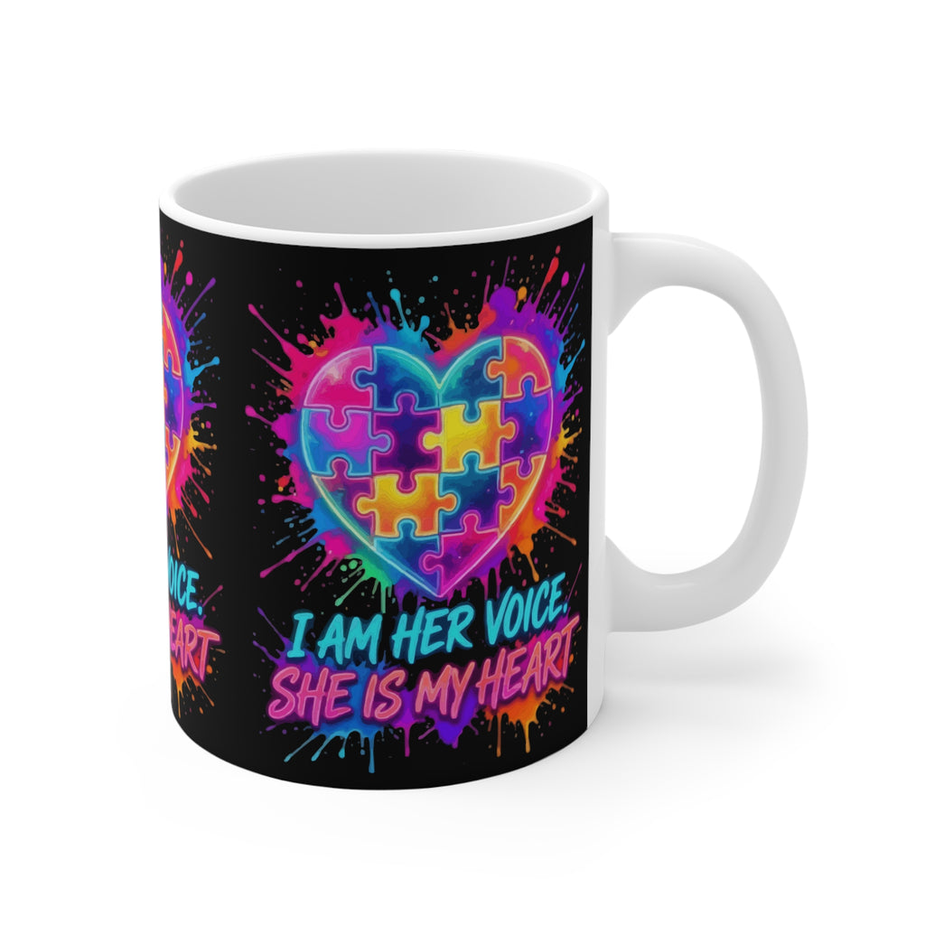 Autism Awareness Mug — "I Am Her Voice, She Is My Heart" Colorful Puzzle Heart