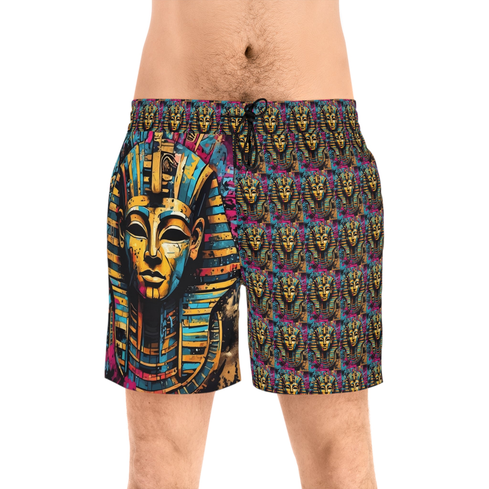 Egyptian Pharaoh Swim Shorts — Colorful Tutankhamun AOP Beach Trunks