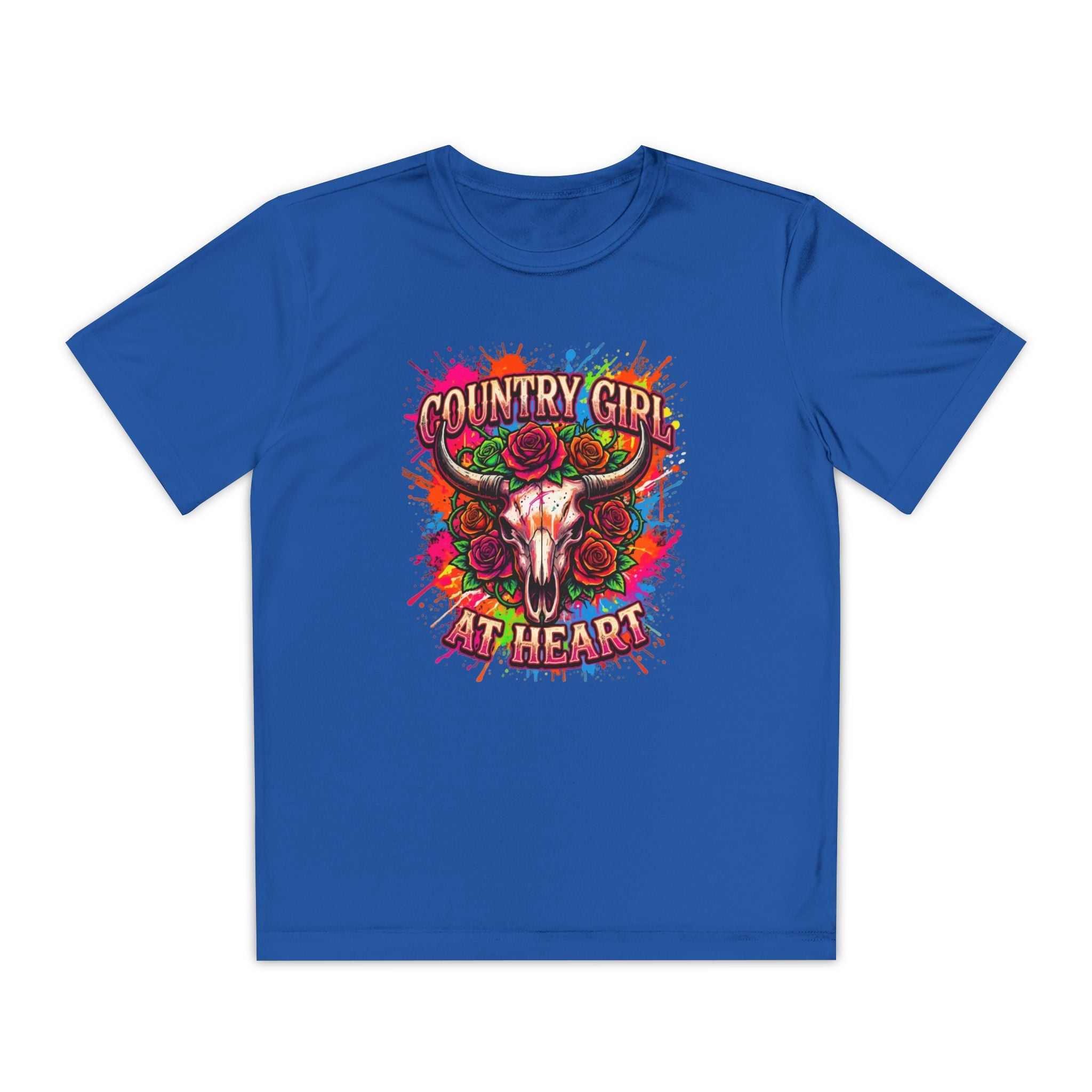 Youth T-Shirt — "Country Girl at Heart" Floral Bull Skull Graphic