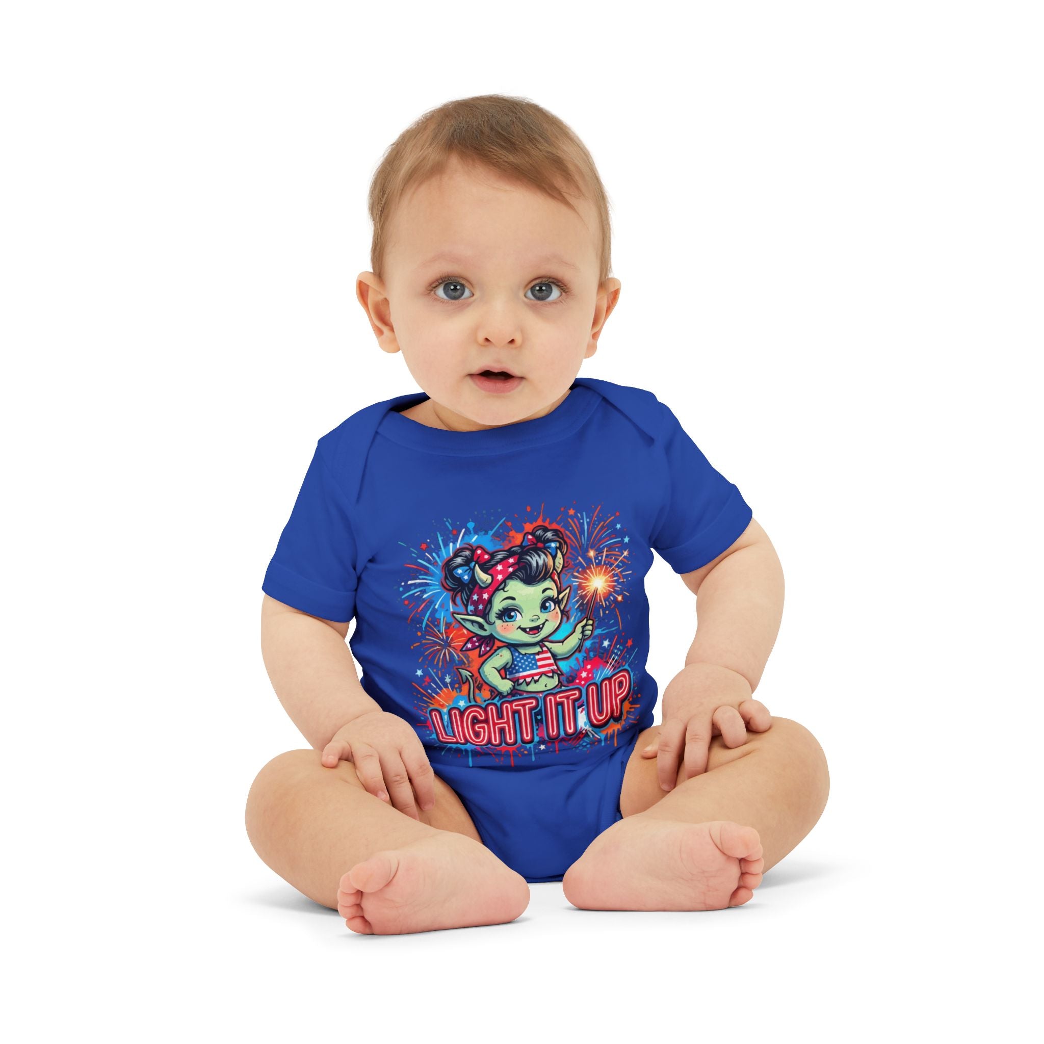 Baby Onesie "Light It Up" Patriotic Firework Elf Graphic Infant Bodysuit