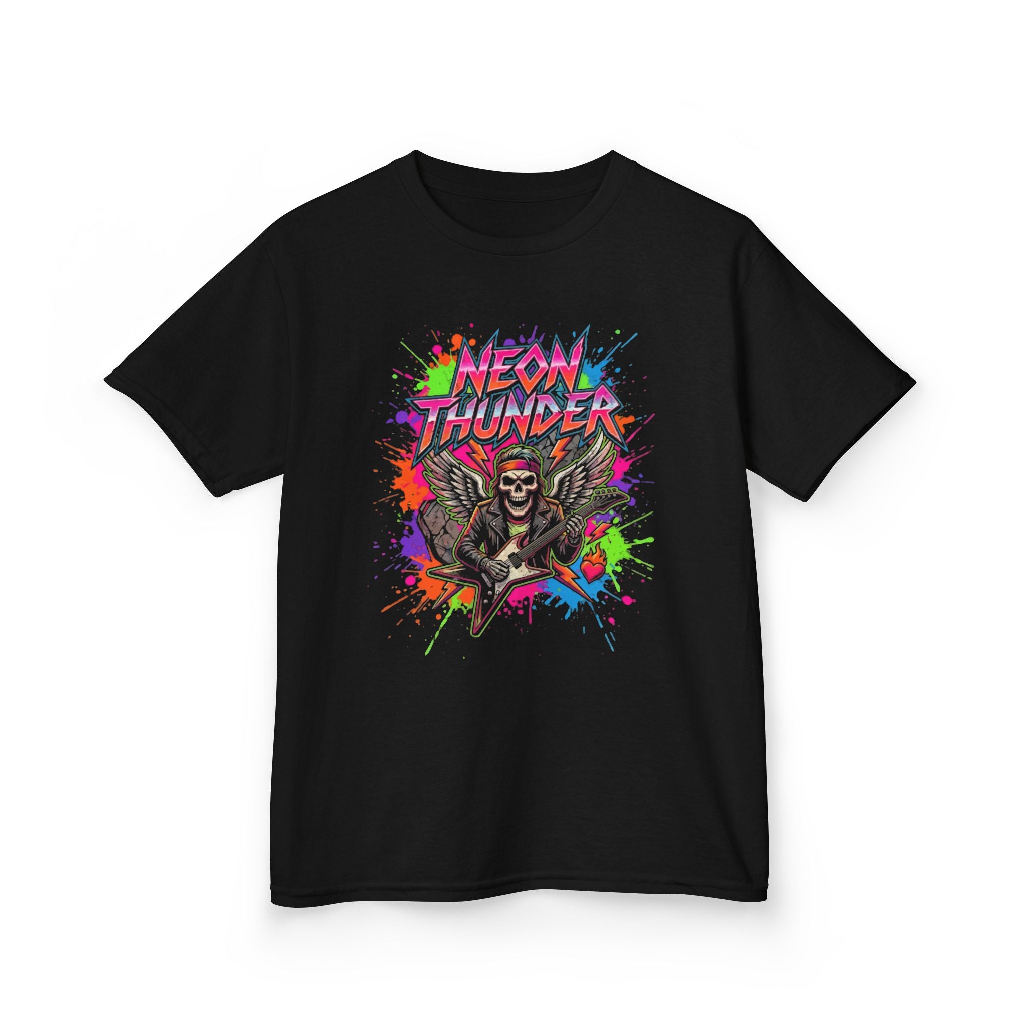 Kids T-Shirt — "Neon Thunder" Skull Guitar Graphic Tee