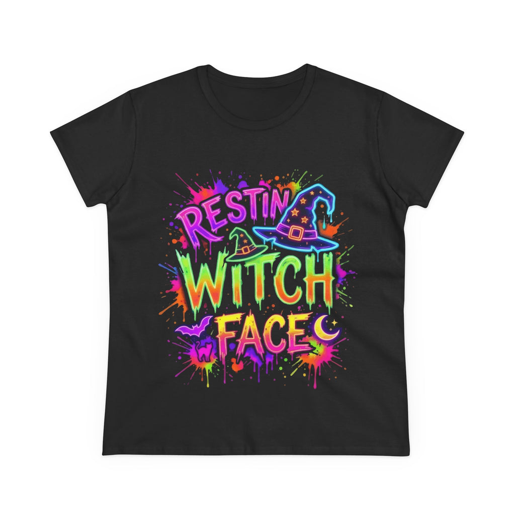 Restin' Witch Face Women's Tee — Colorful Neon Halloween Shirt