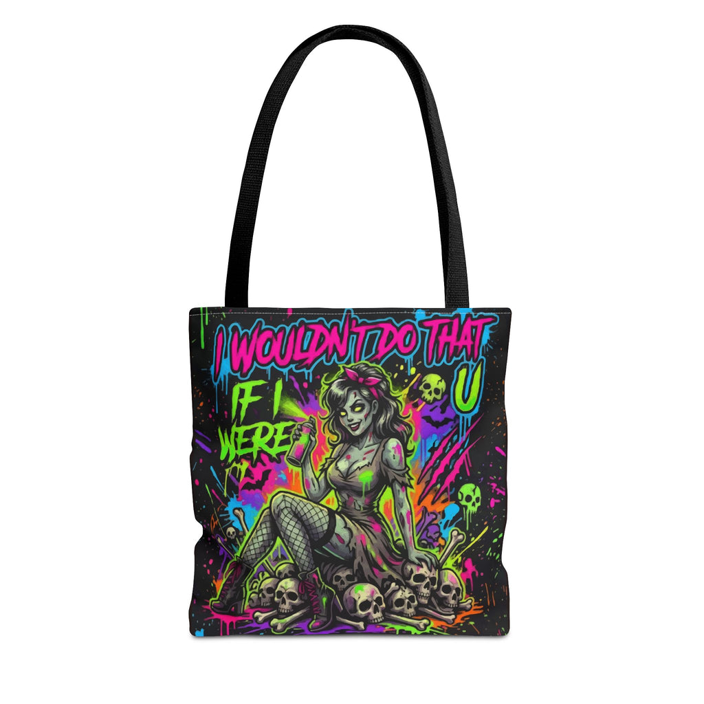 Zombie Pin-Up Tote Bag — "I Wouldn't Do That If I Were U" Neon Horror Graphic