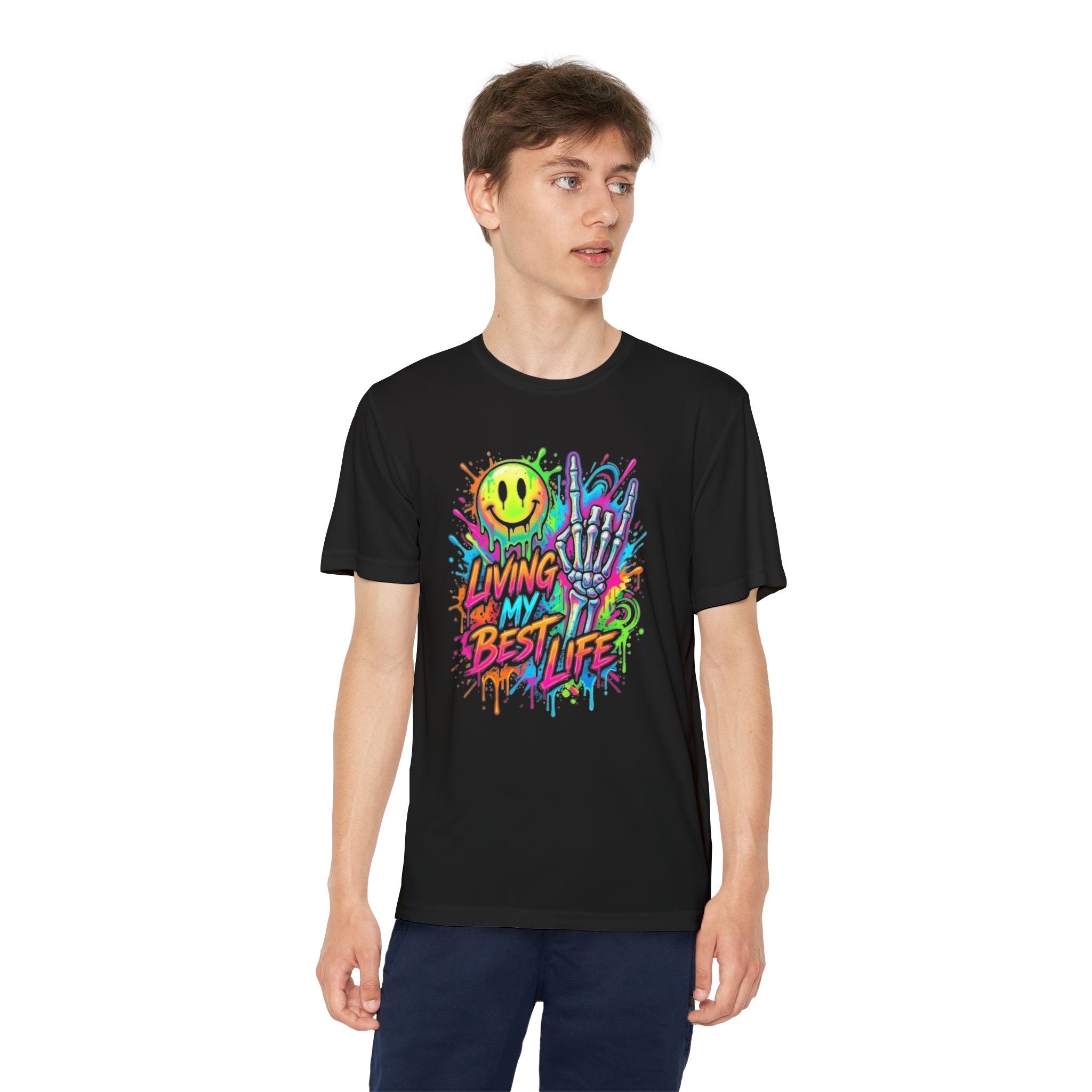 Youth Tee — "Living My Best Life" Neon Graffiti Smile Design