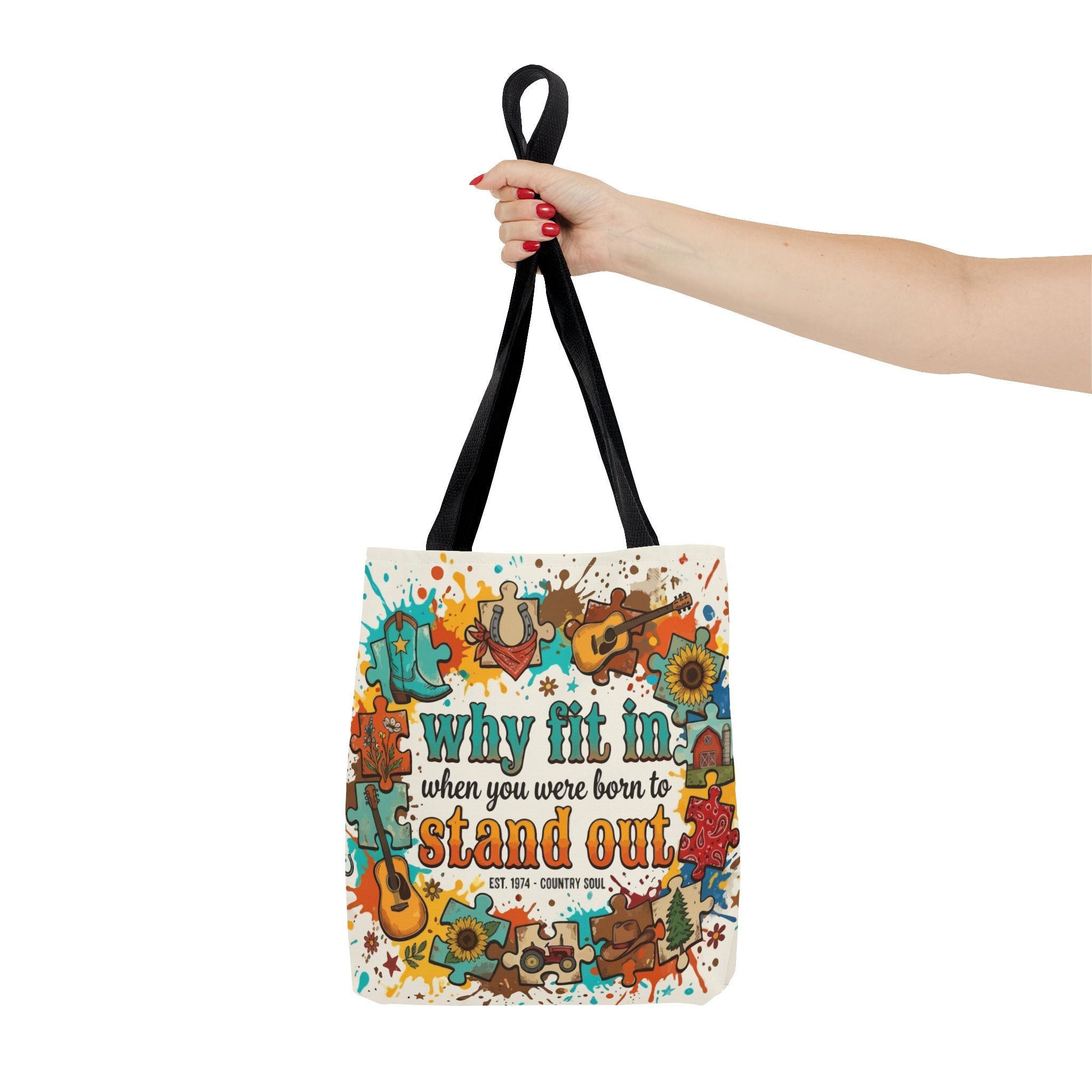 Stand Out Tote Bag — "Why Fit In When You Were Born to Stand Out" Colorful Boho Guitar Design