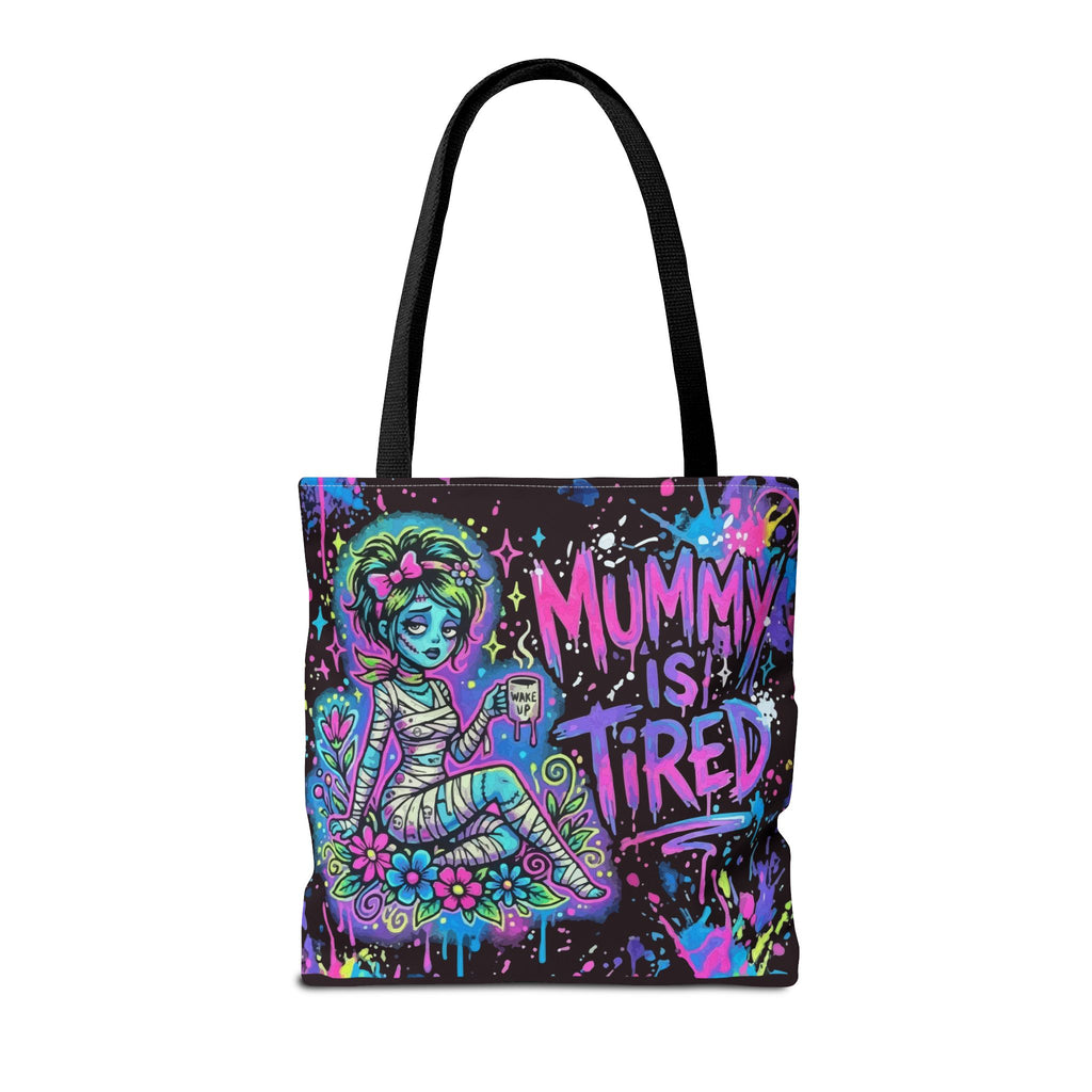 Mummy Is Tired Tote Bag — Neon Halloween Mom Canvas Shopper