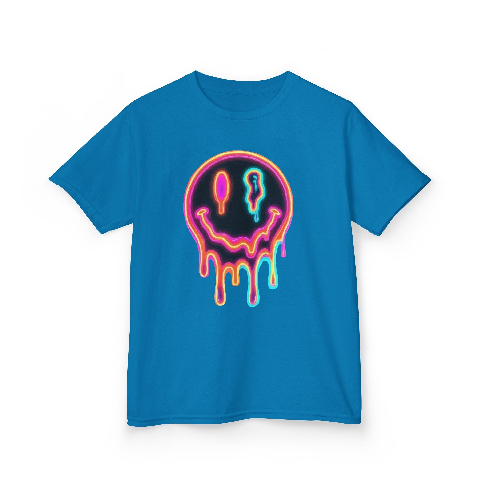 Kids Neon Drip Smiley T-Shirt — Colorful Melting Emoji Tee for Boys & Girls