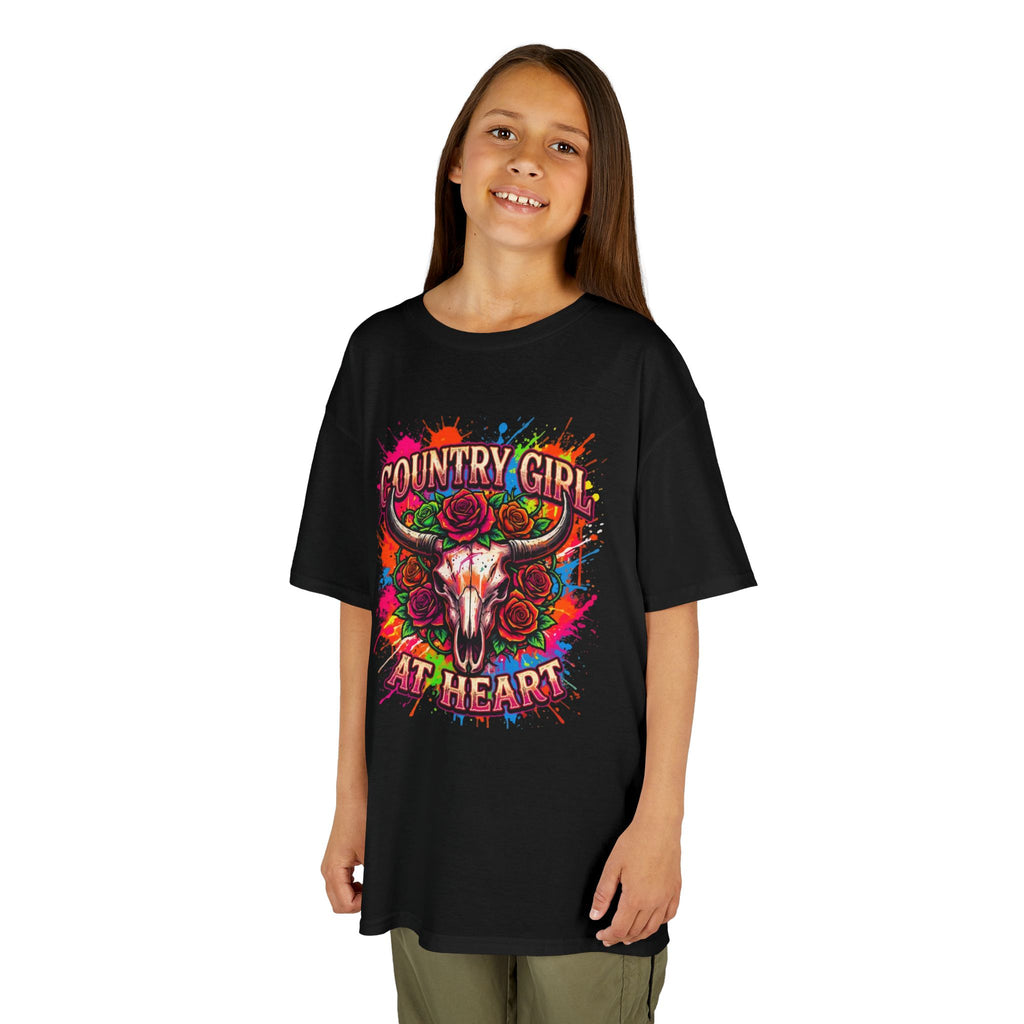Kids T-Shirt — "Country Girl at Heart" Colorful Cow Skull Tee