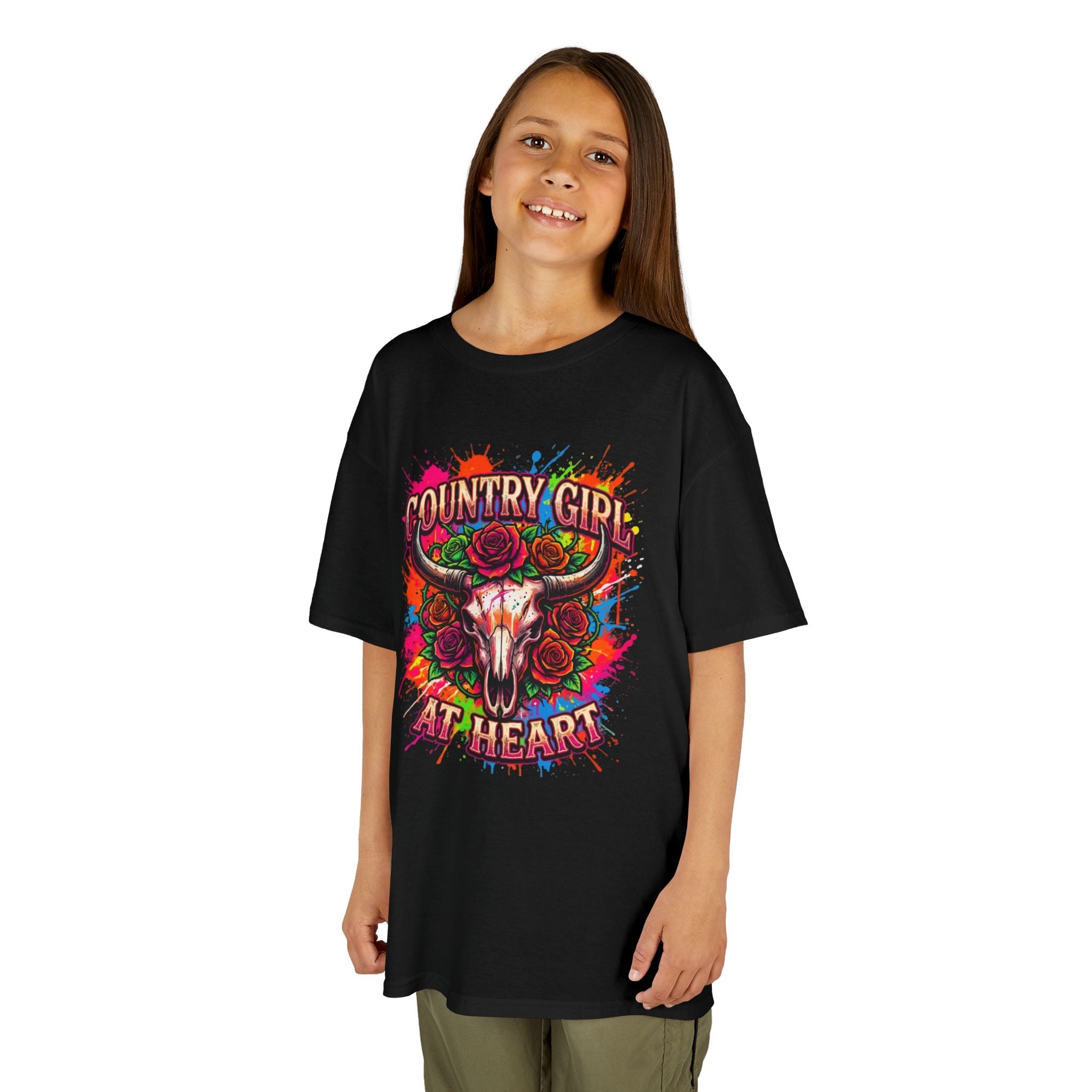 Kids T-Shirt — "Country Girl at Heart" Colorful Cow Skull Tee