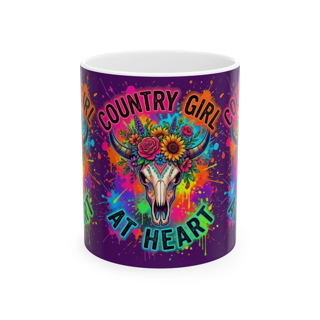 Country Girl At Heart Ceramic Mug — Colorful Floral Cow Skull Coffee Cup (11oz, 15oz)