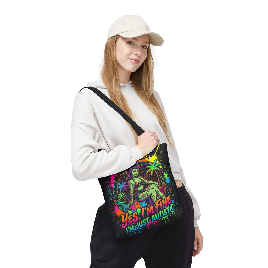 Autistic Pride Tote Bag — “Yes, I’m Fine, I’m Just Autistic” Neon Pinup Tote