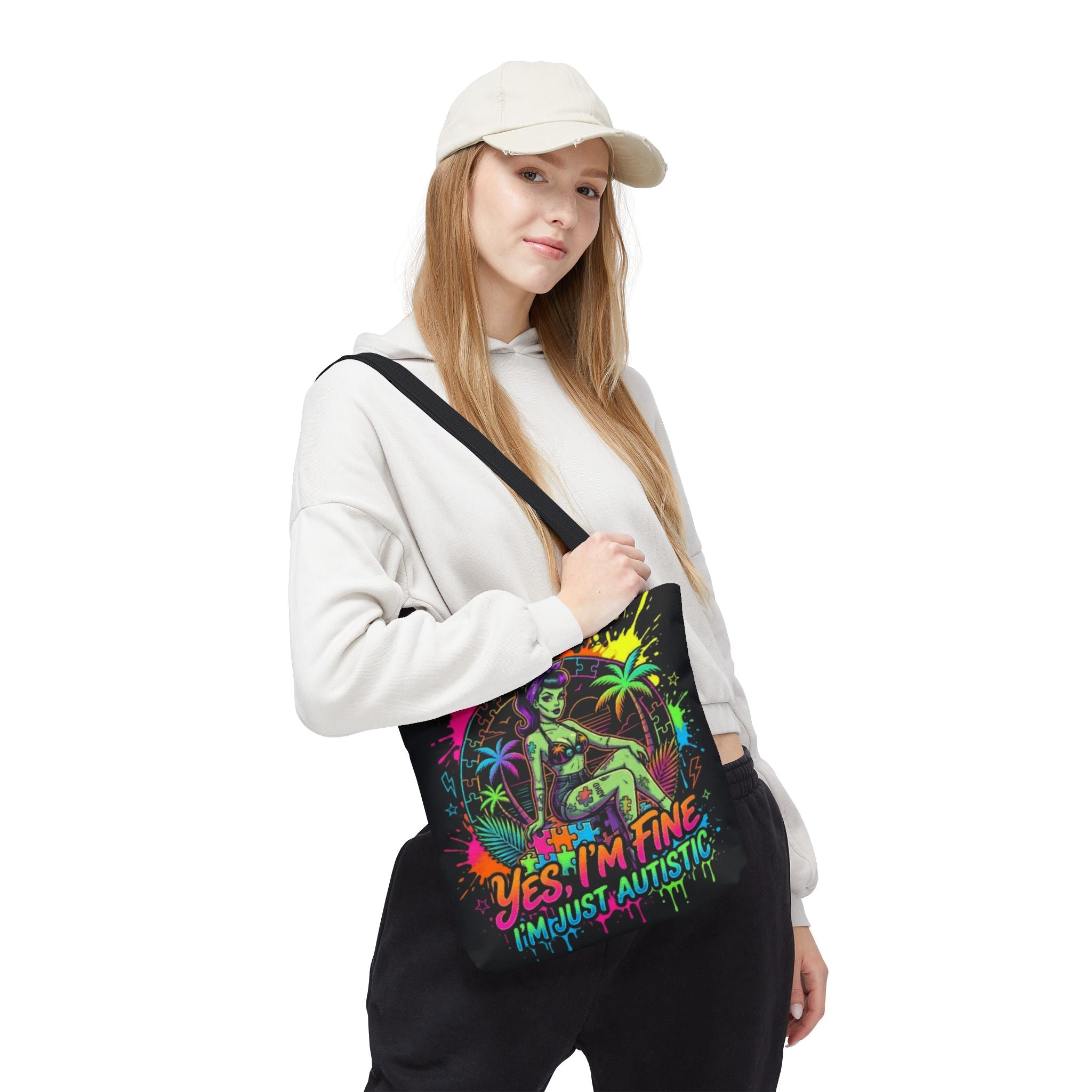 Autistic Pride Tote Bag — “Yes, I’m Fine, I’m Just Autistic” Neon Pinup Tote
