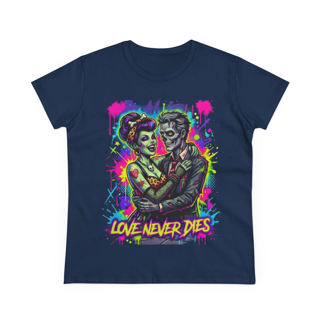 Women's Tee — Neon Zombie Couple "Love Never Dies" Graphic