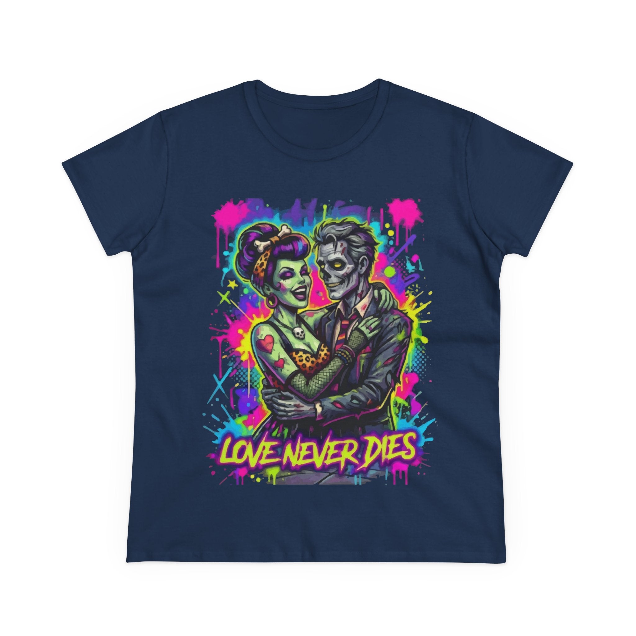 Women's Tee — Neon Zombie Couple "Love Never Dies" Graphic