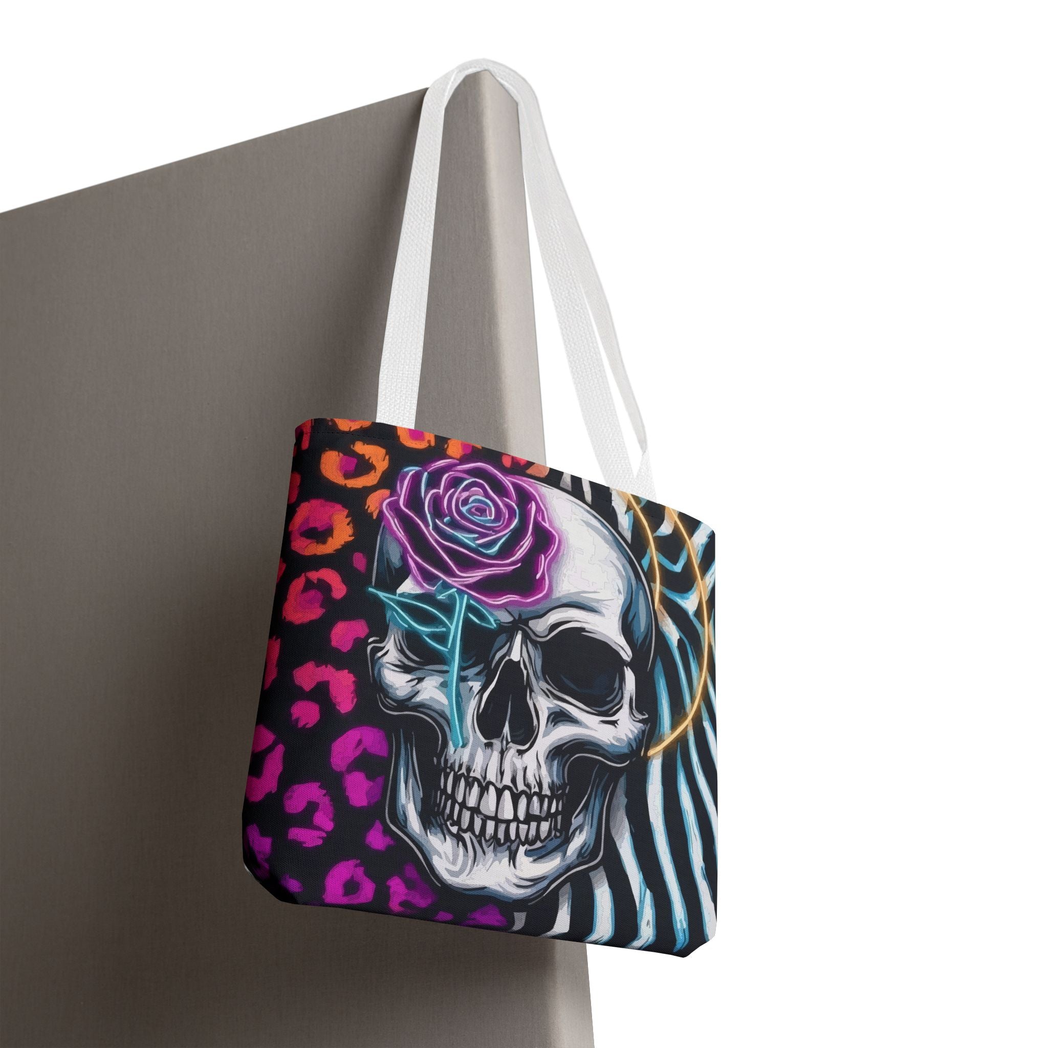 Skull & Rose Pattern Tote Bag — Neon Animal Print All-Over Tote