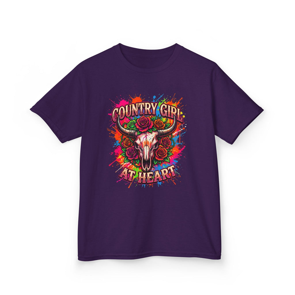 Kids T-Shirt — "Country Girl at Heart" Colorful Cow Skull Tee